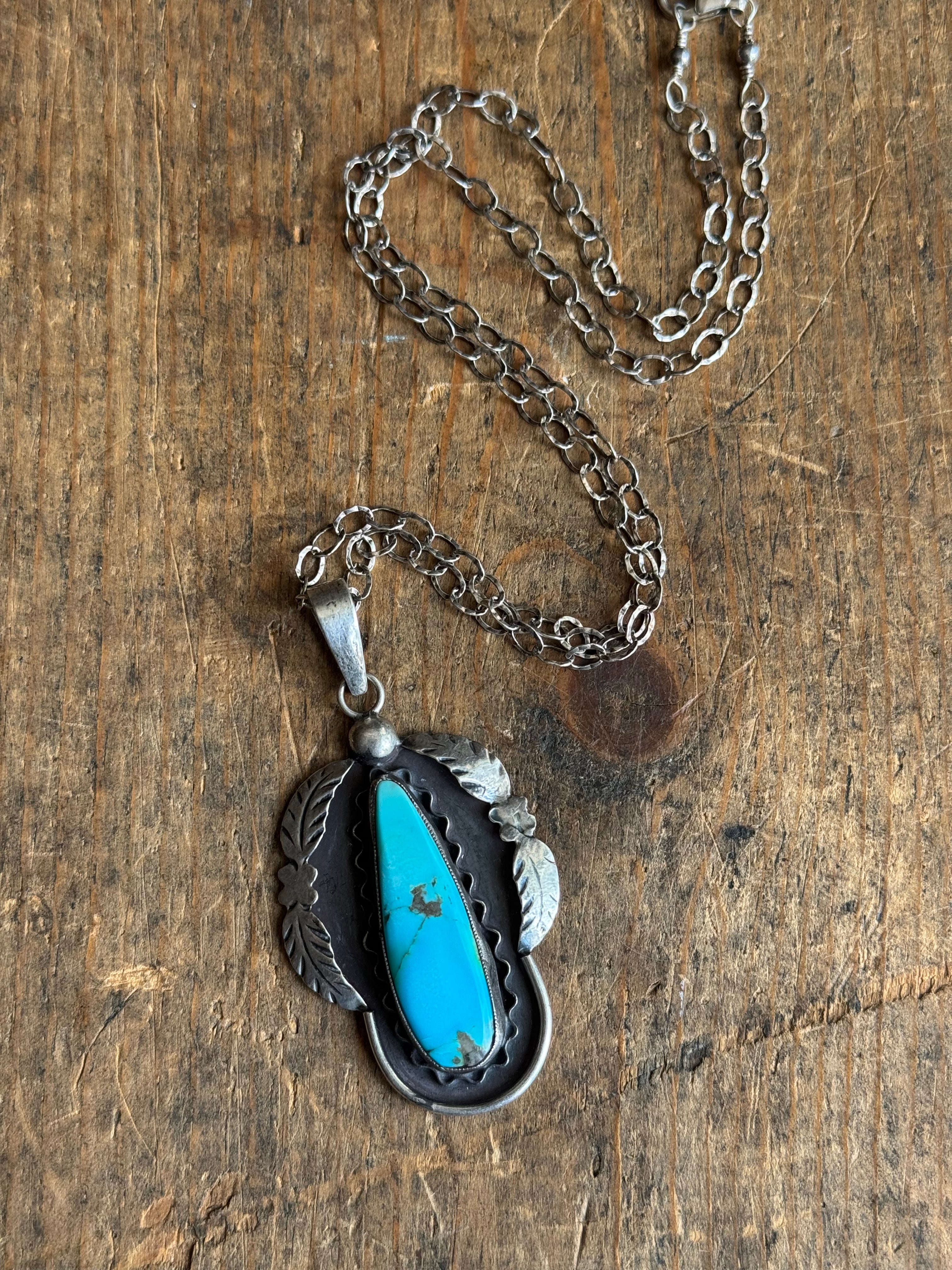 Vintage Sterling Silver Turquoise Teardrop Leaf Necklace