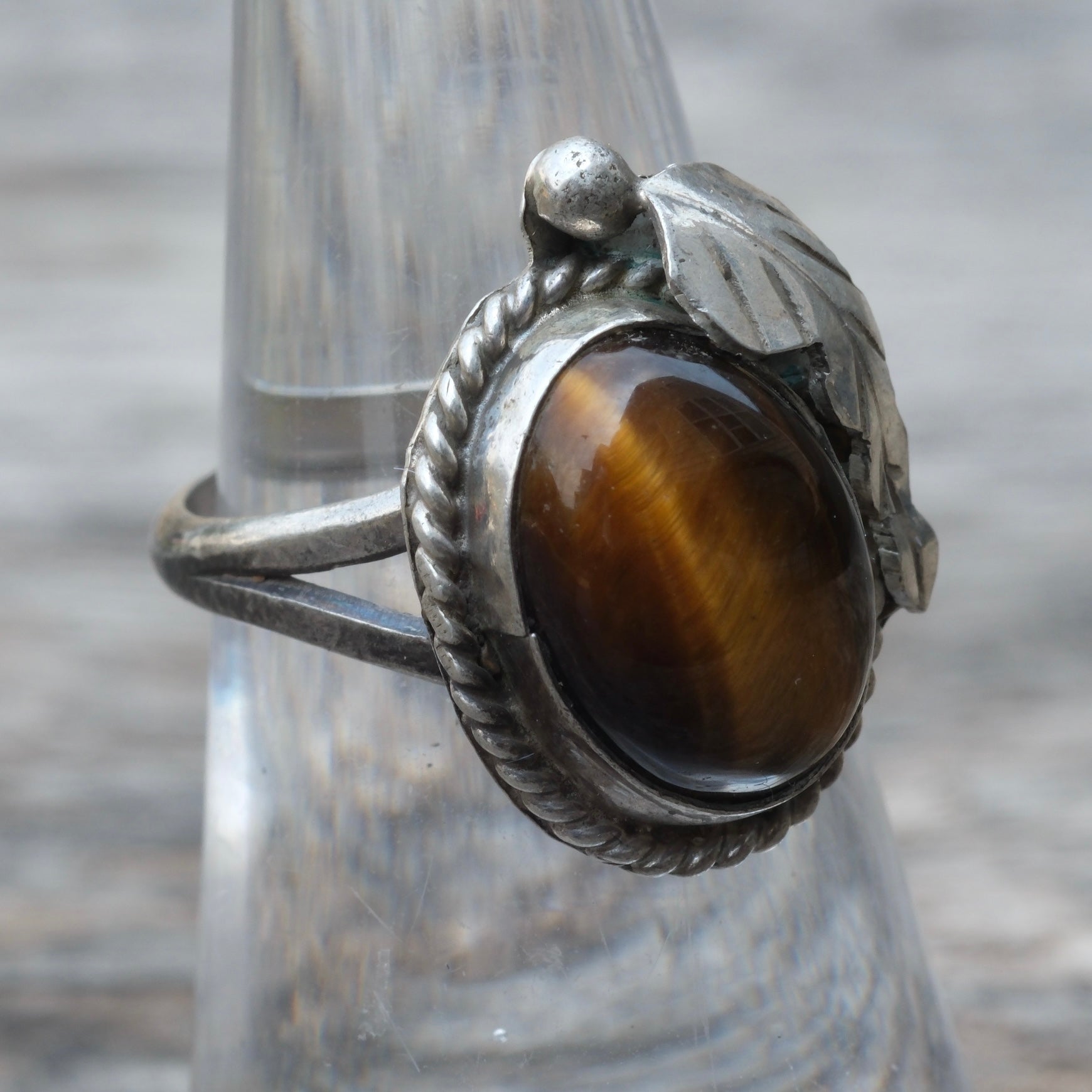 Vintage Sterling Tigers Eye Feather Ring 6.25