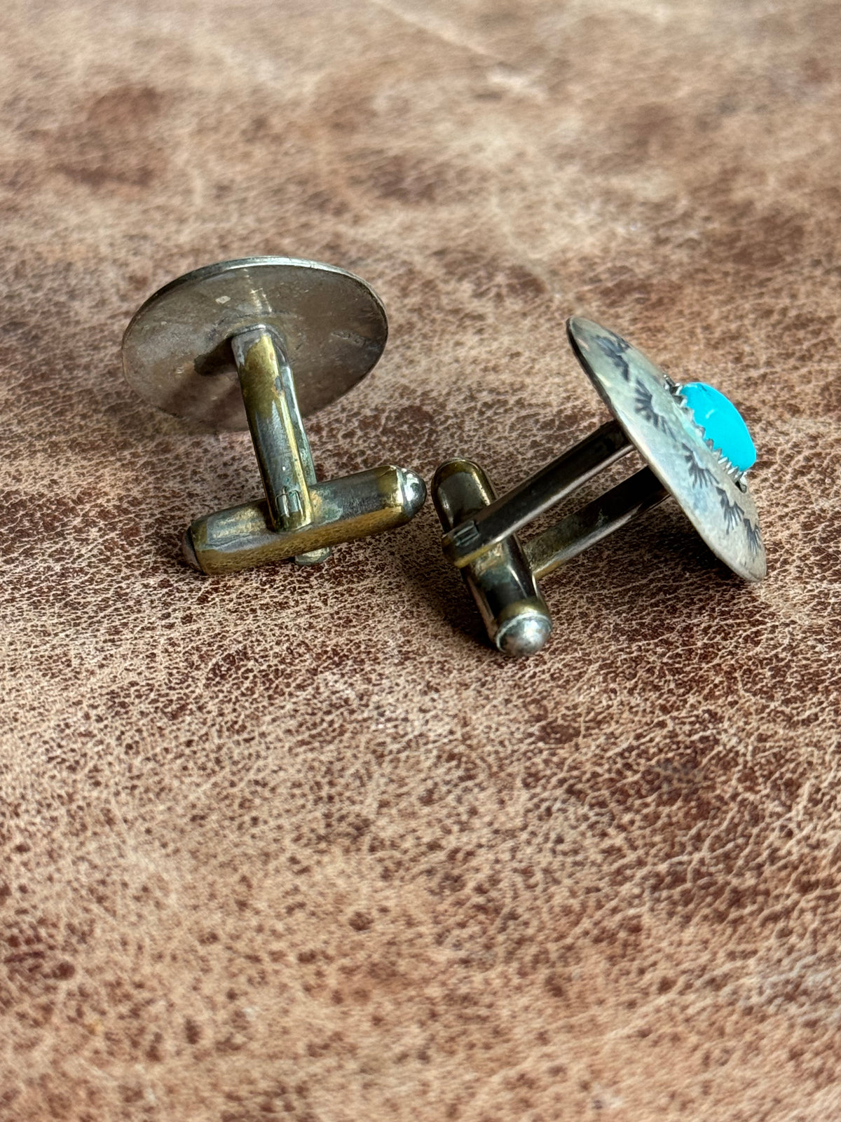 Vintage Sterling Silver Stamped Turquoise Shadowbox Cufflinks