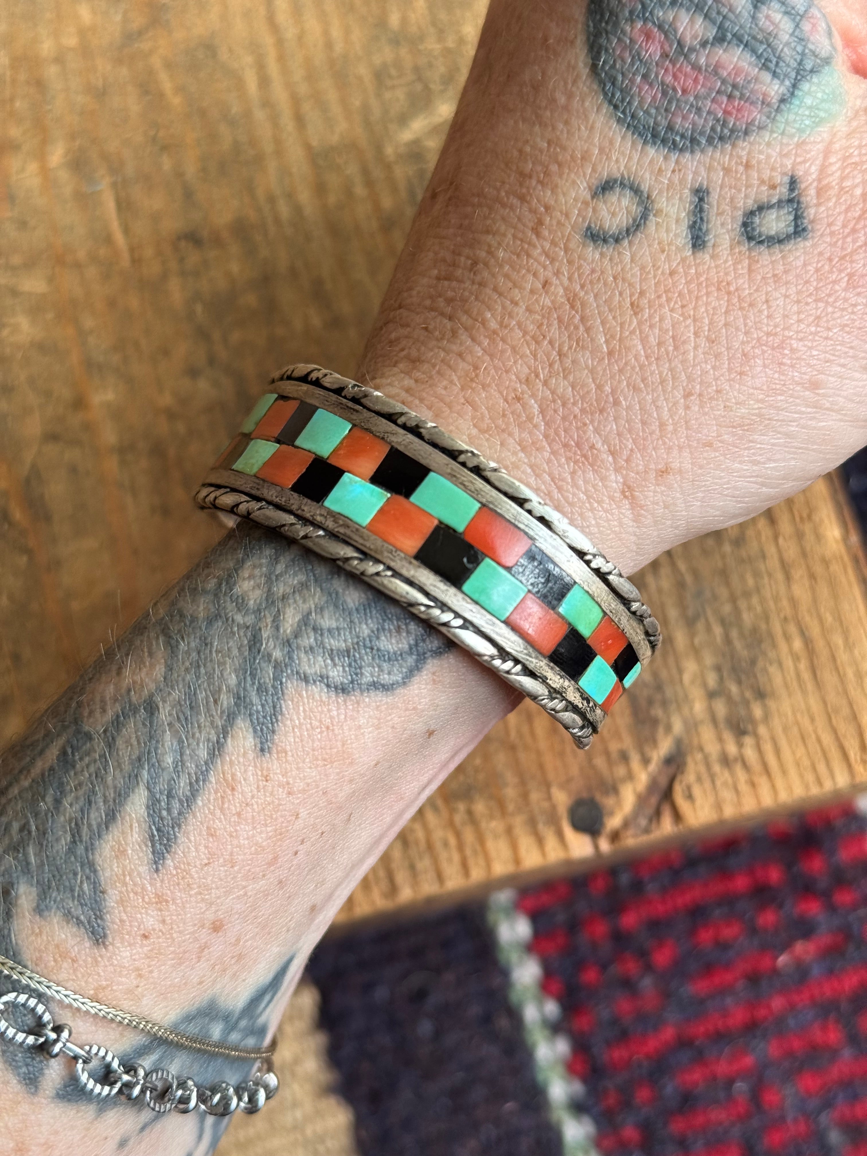Vintage Sterling Silver Coral Onyx & Turquoise Inlay Cuff