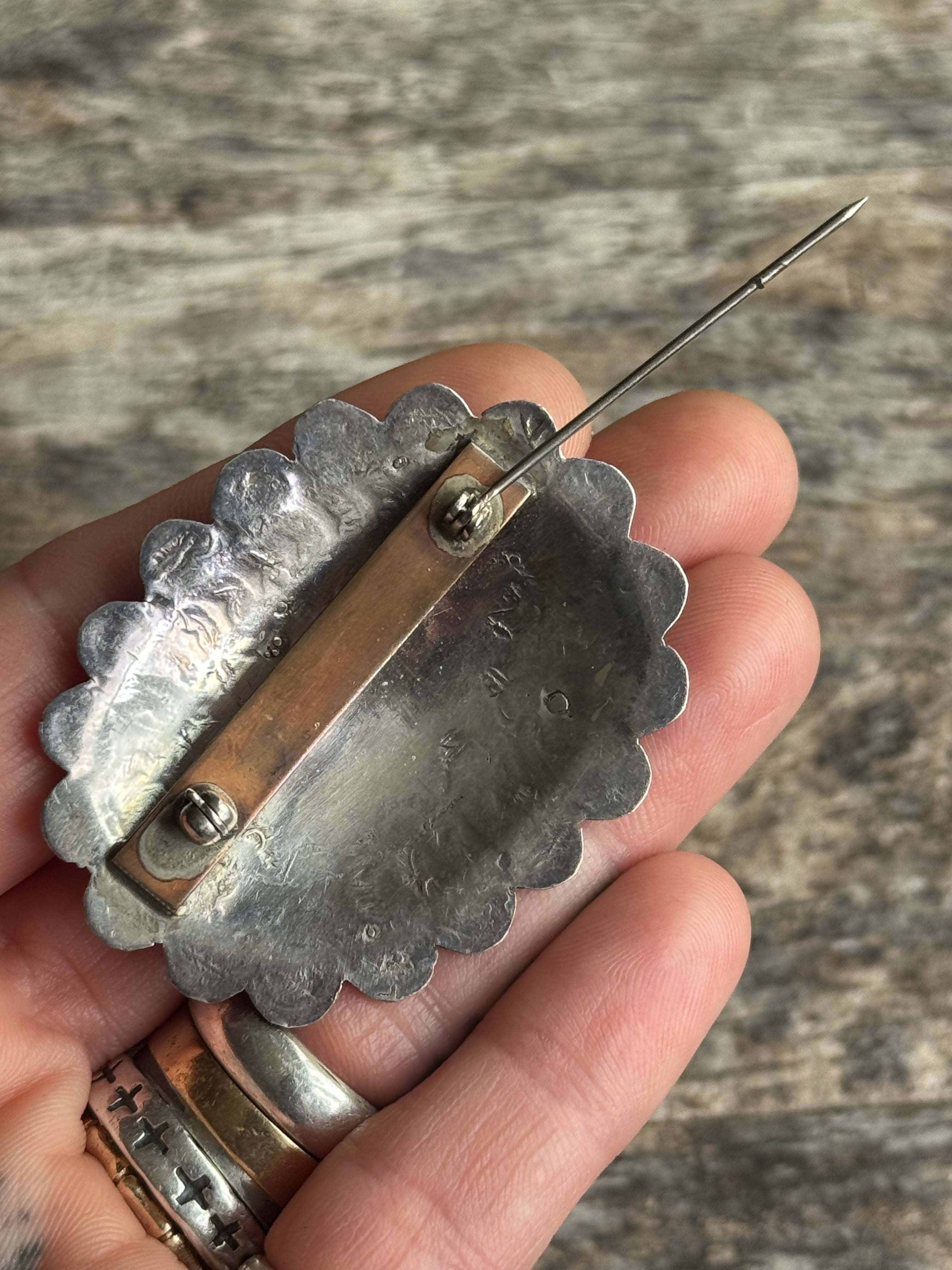Vintage Sterling Silver Turquoise Stamped Concho Pin
