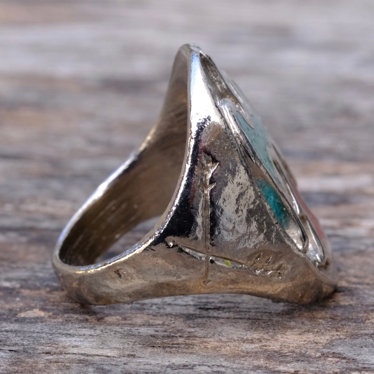 Vintage Sterling Turquoise and Coral Thunderbird Ring 9.25
