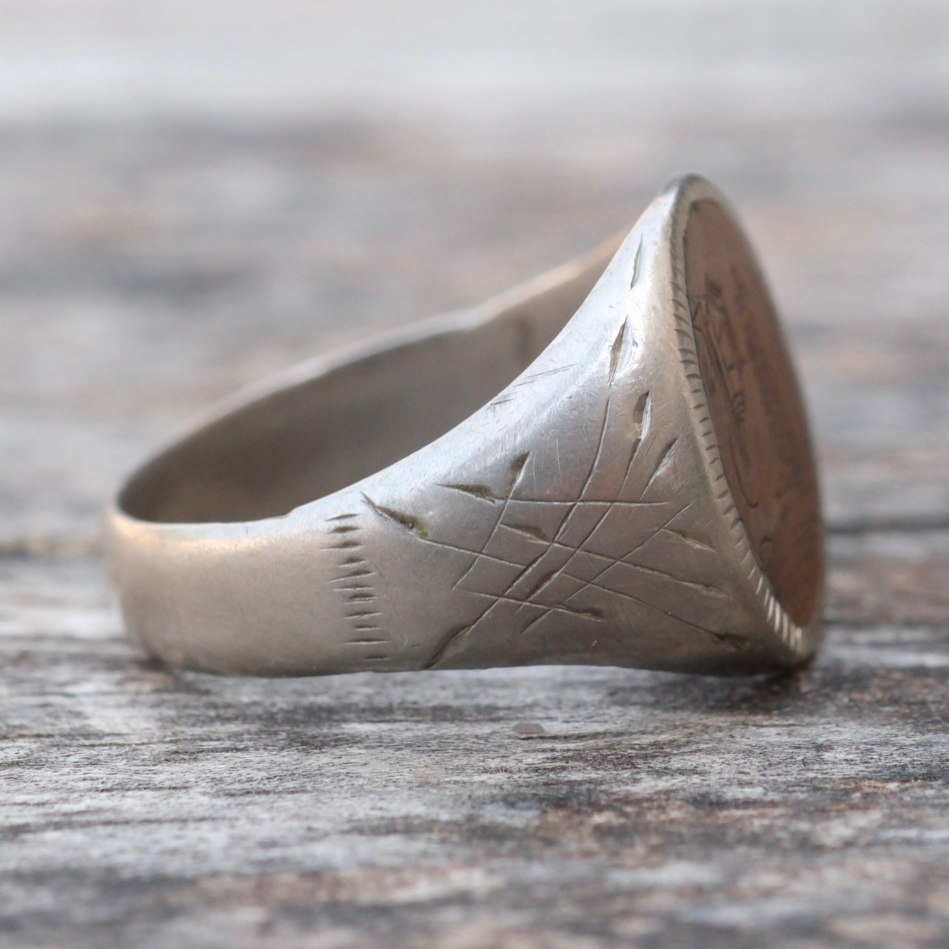 Vintage Sterling and Copper Engraved P Initial Signet Ring 8.75
