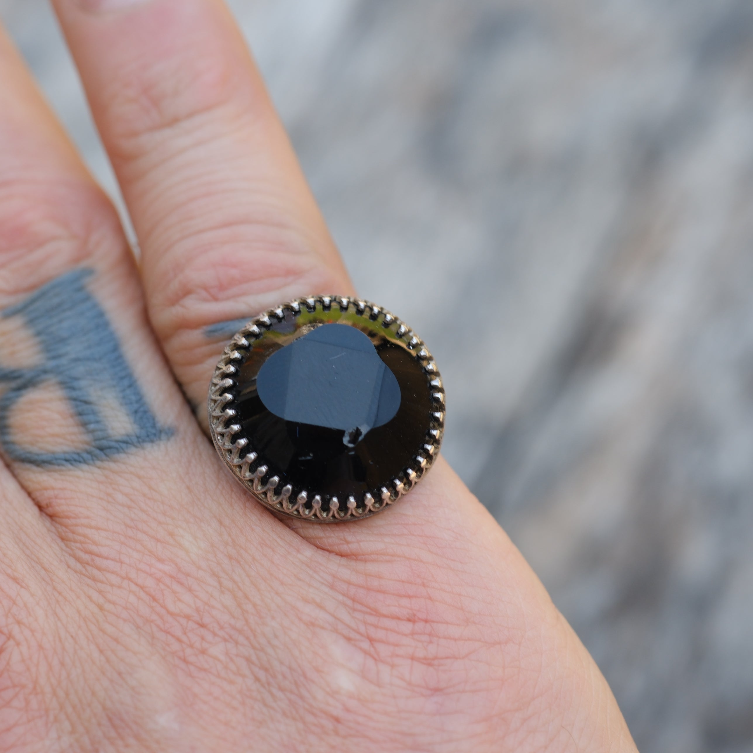Vintage Sterling Faceted Onyx Ring 6.5