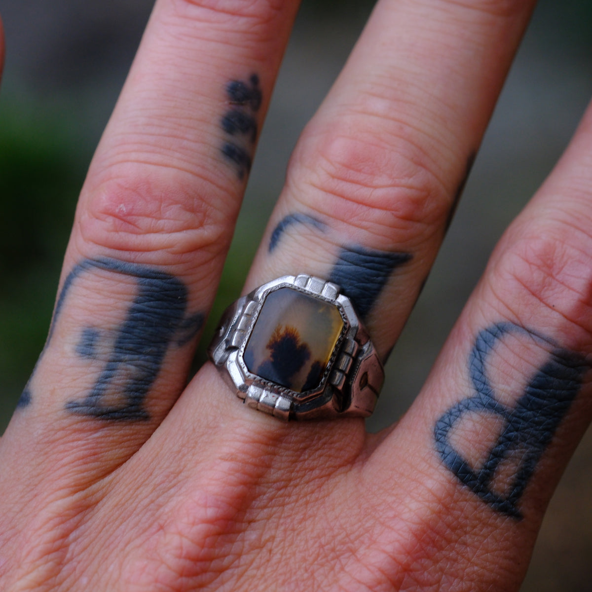 Vintage Sterling Agate Signet Ring 9.5