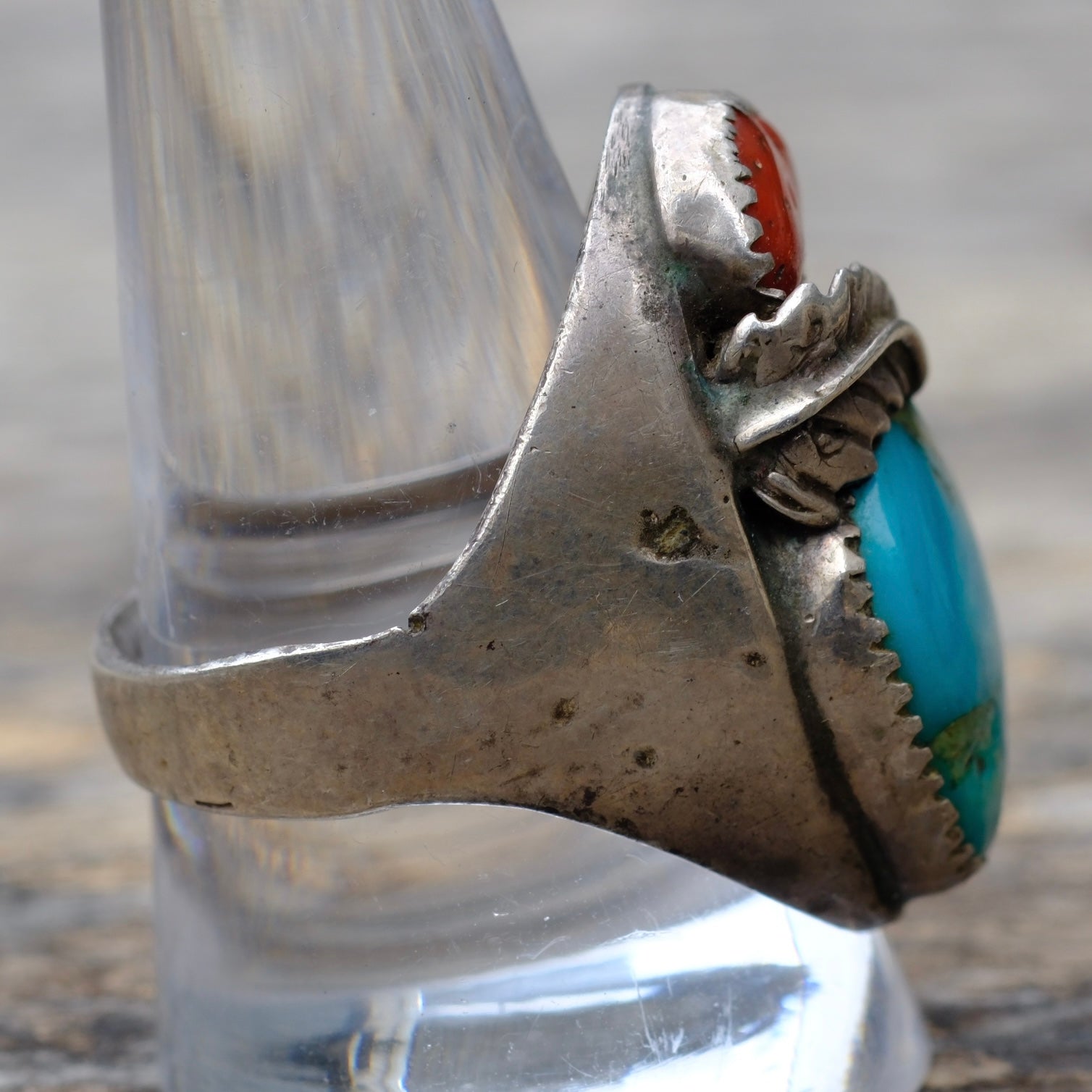 Vintage Sterling Turquoise and Coral Feather Ring 11