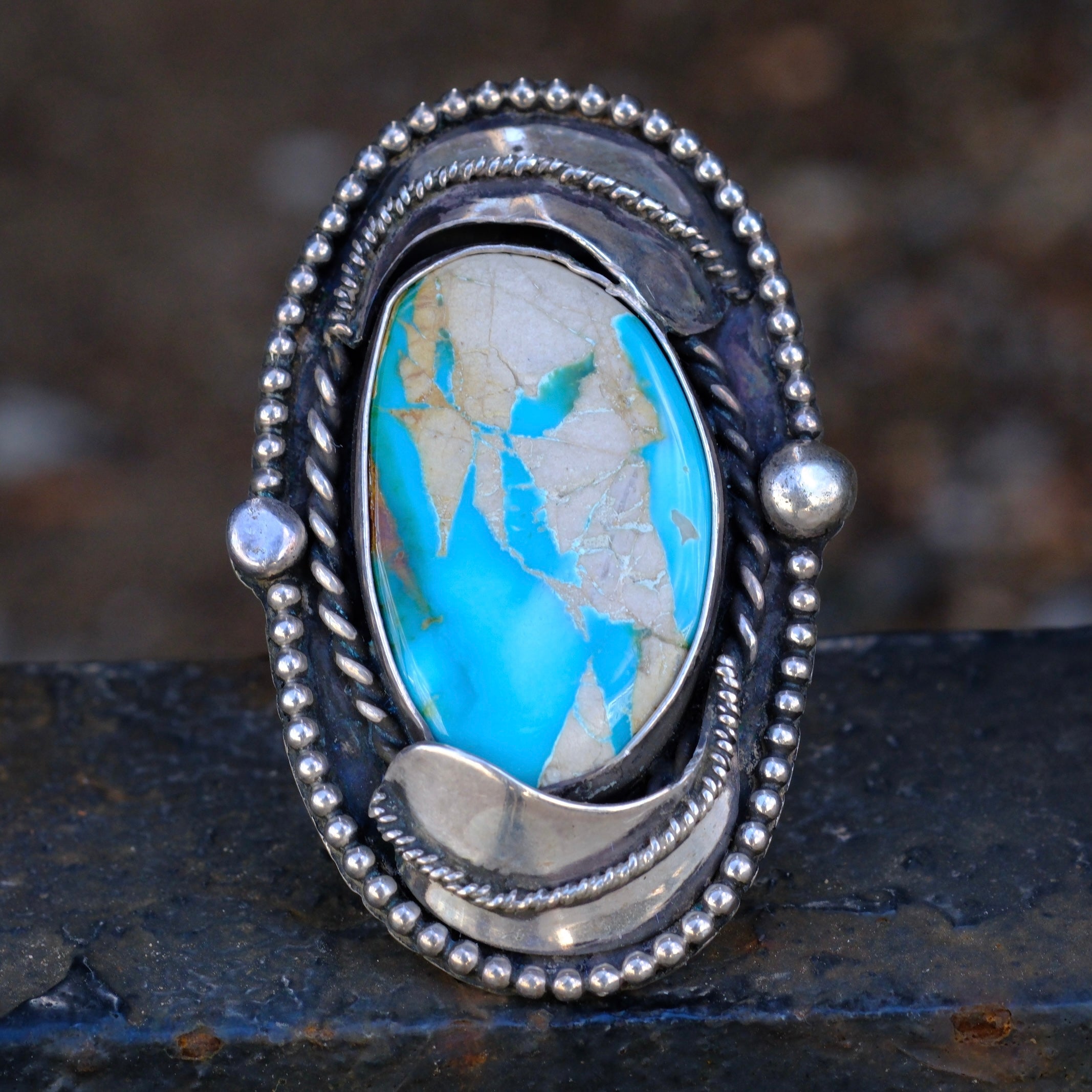 Massive Vintage STerling Turquoise Feather Ring 11.5