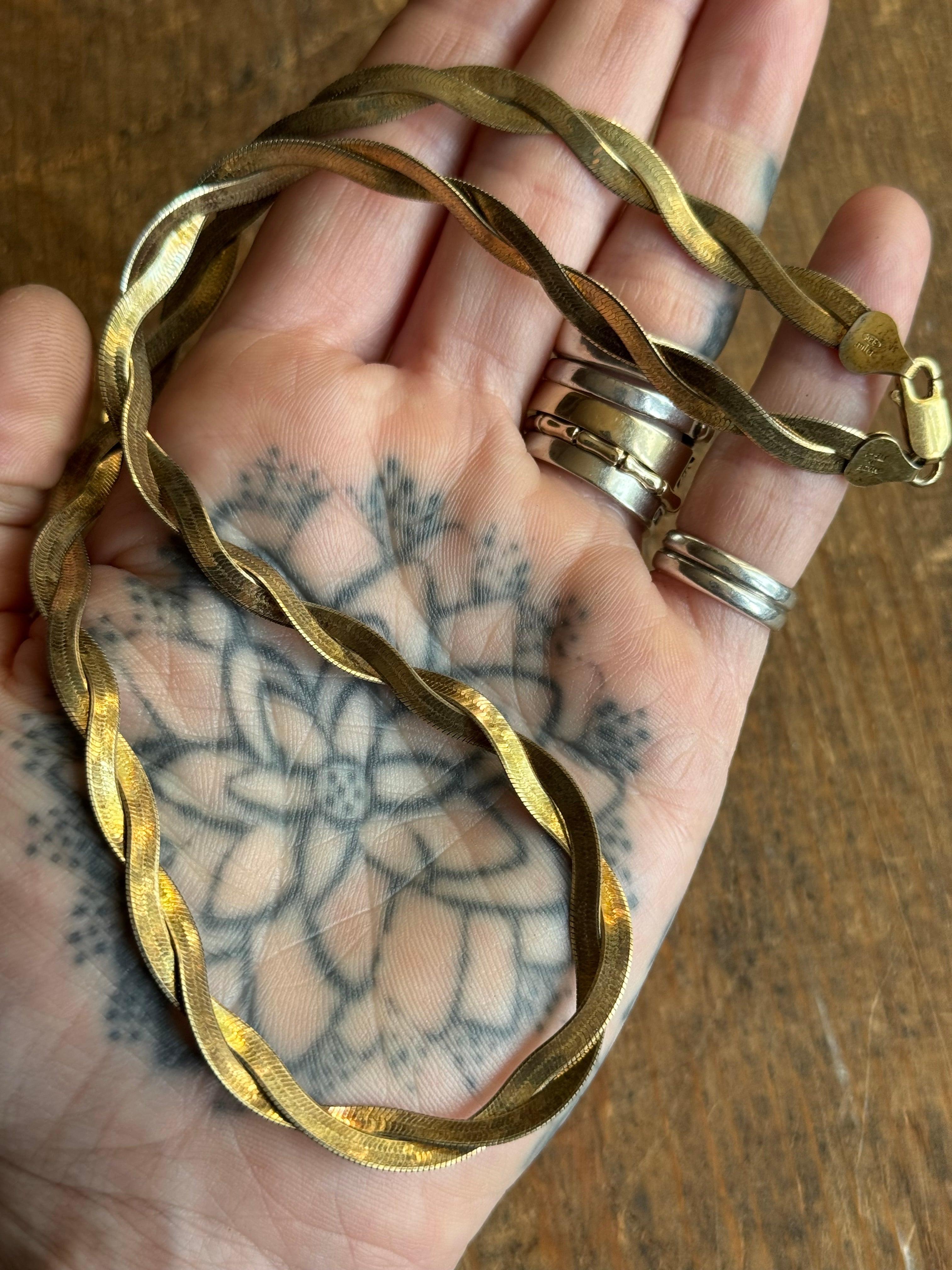 Vintage Sterling Silver 18” Gold Tone Etched Twist Herringbone Chain