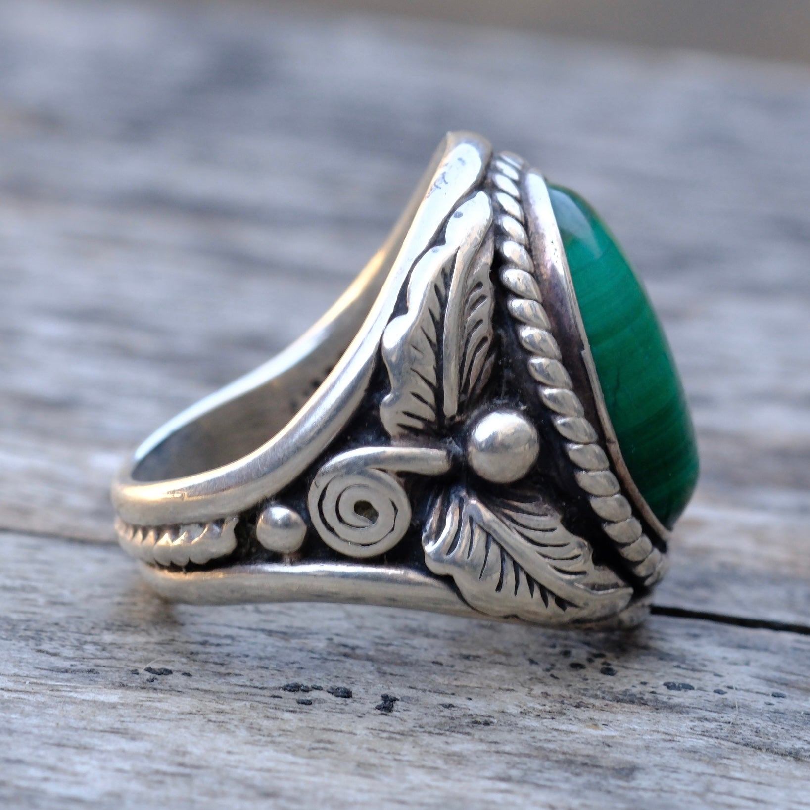 Vintage Sterling Malachite Feather Ring 9