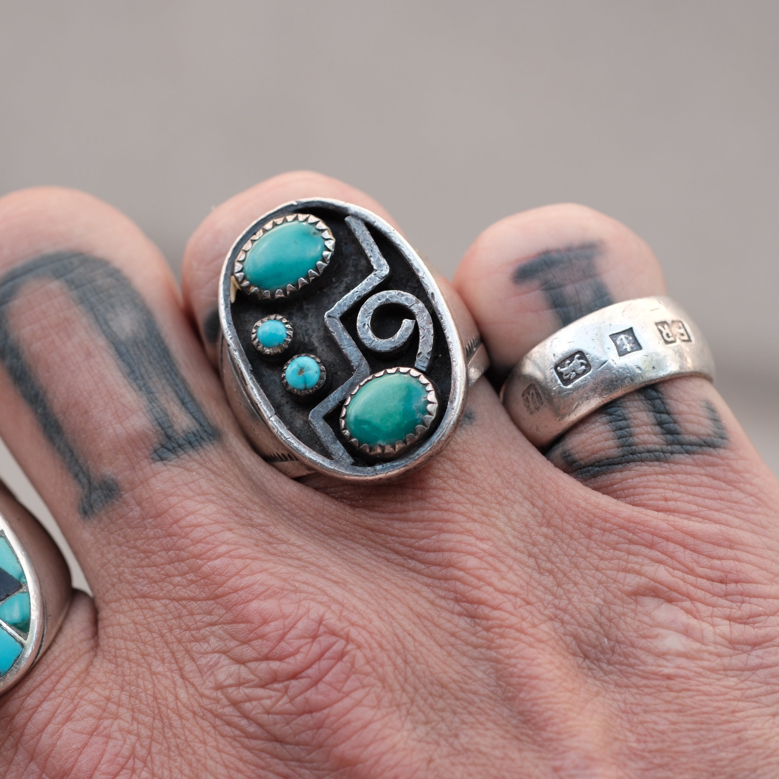 Vintage Sterling Turquoise Florette Ring 9.5