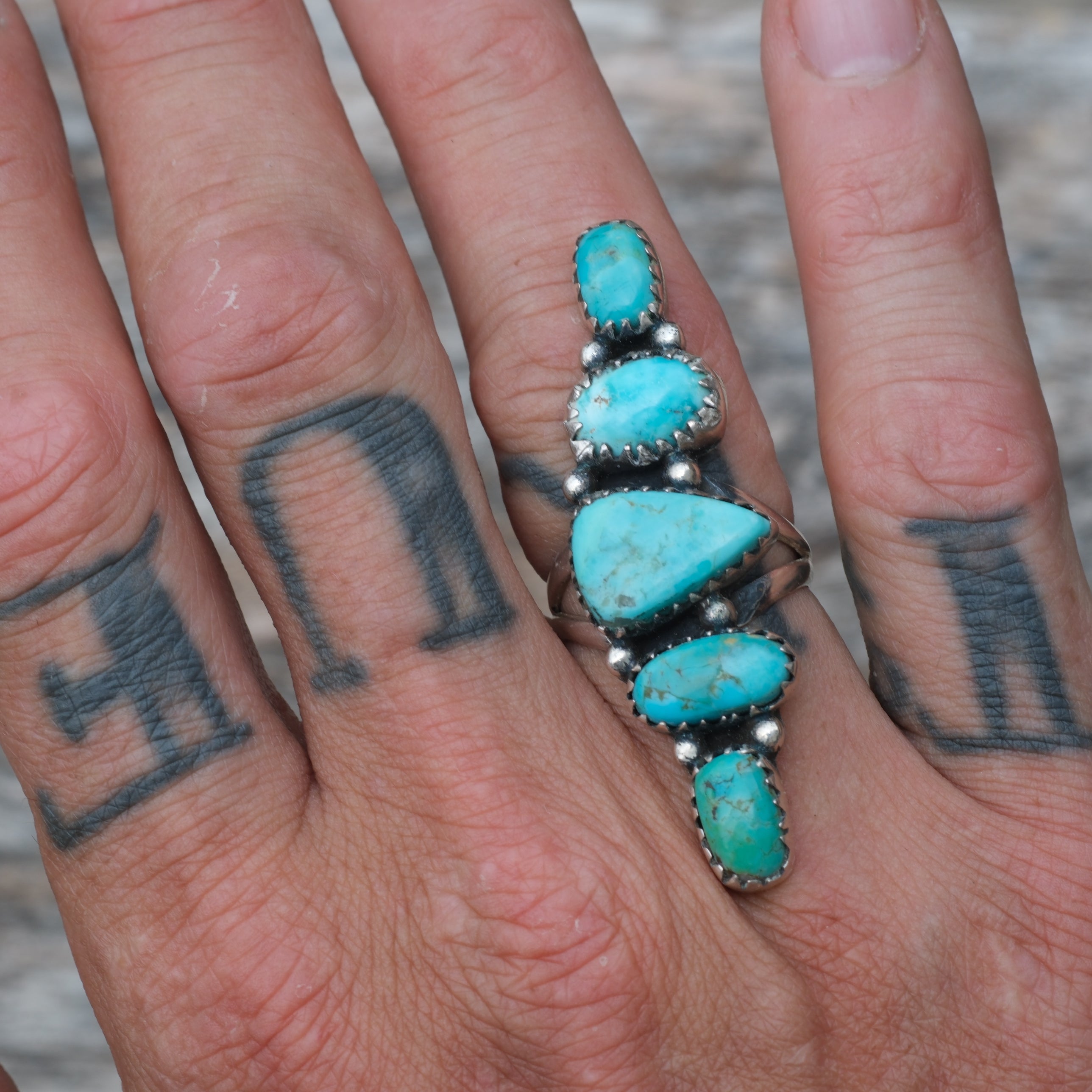 Huge Vintage Sterling 5-Stone Turquoise Ring 7.5