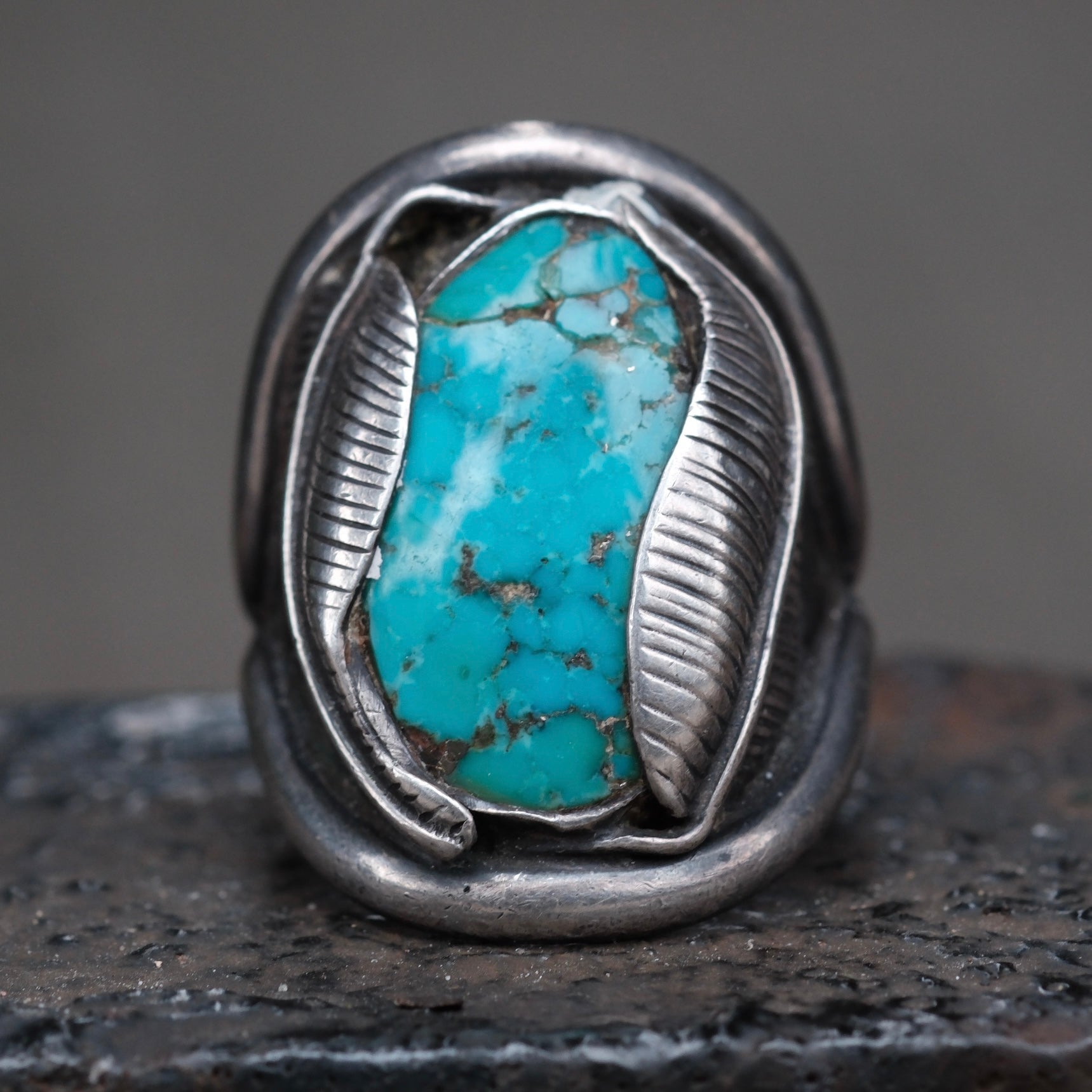 Vintage Sterling Turquoise Feather Ring 5.75