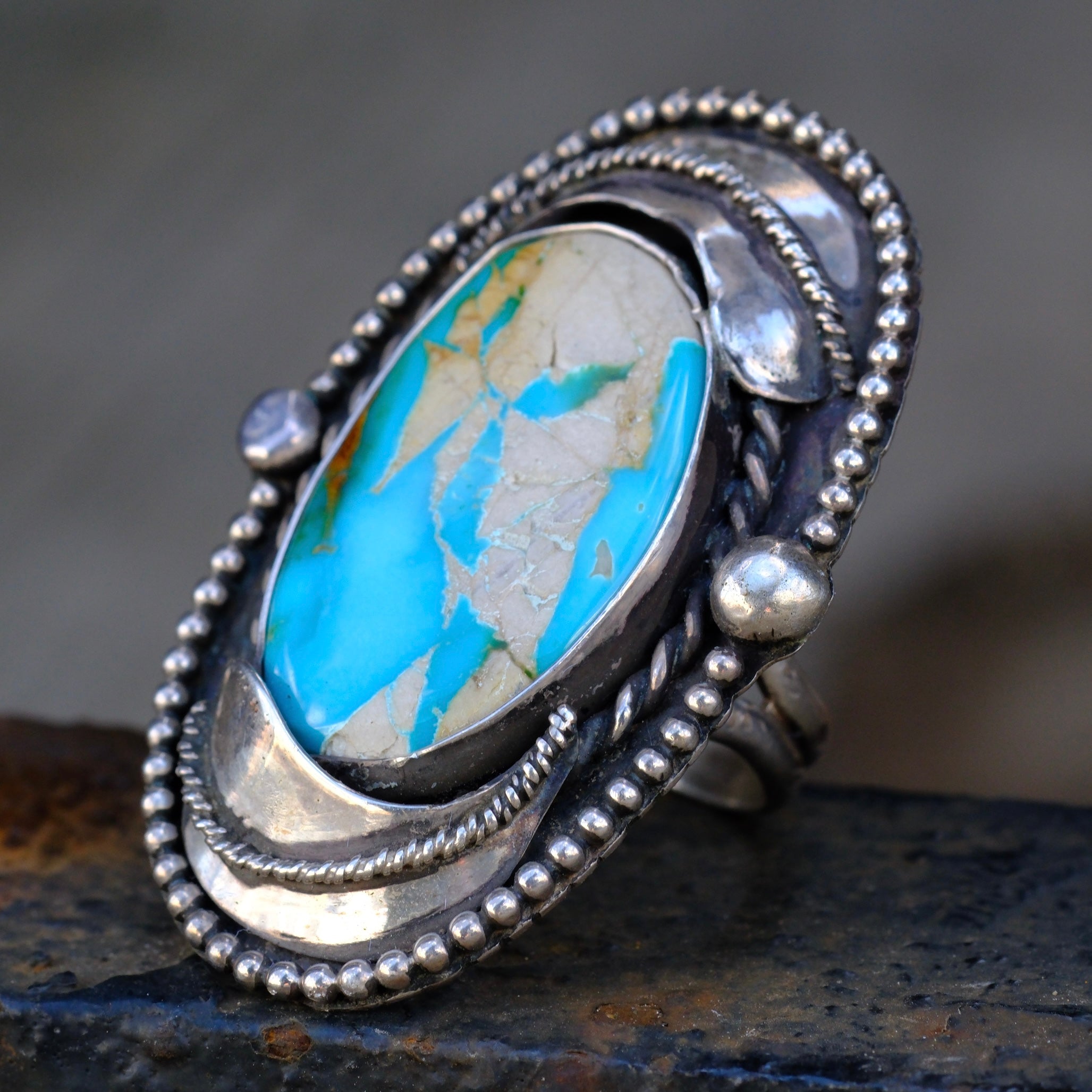 Massive Vintage STerling Turquoise Feather Ring 11.5