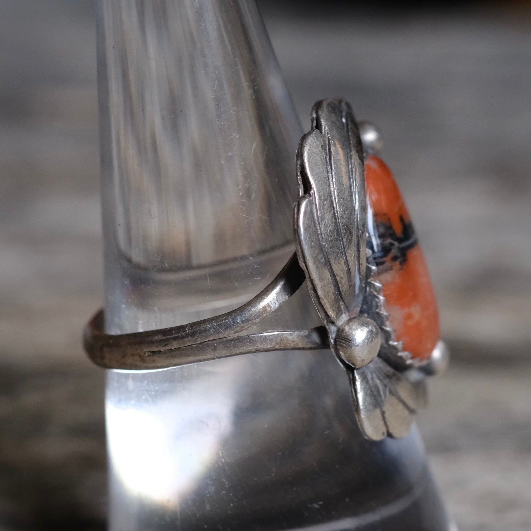 Vintage Sterling Petrified Wood Feather Ring 8