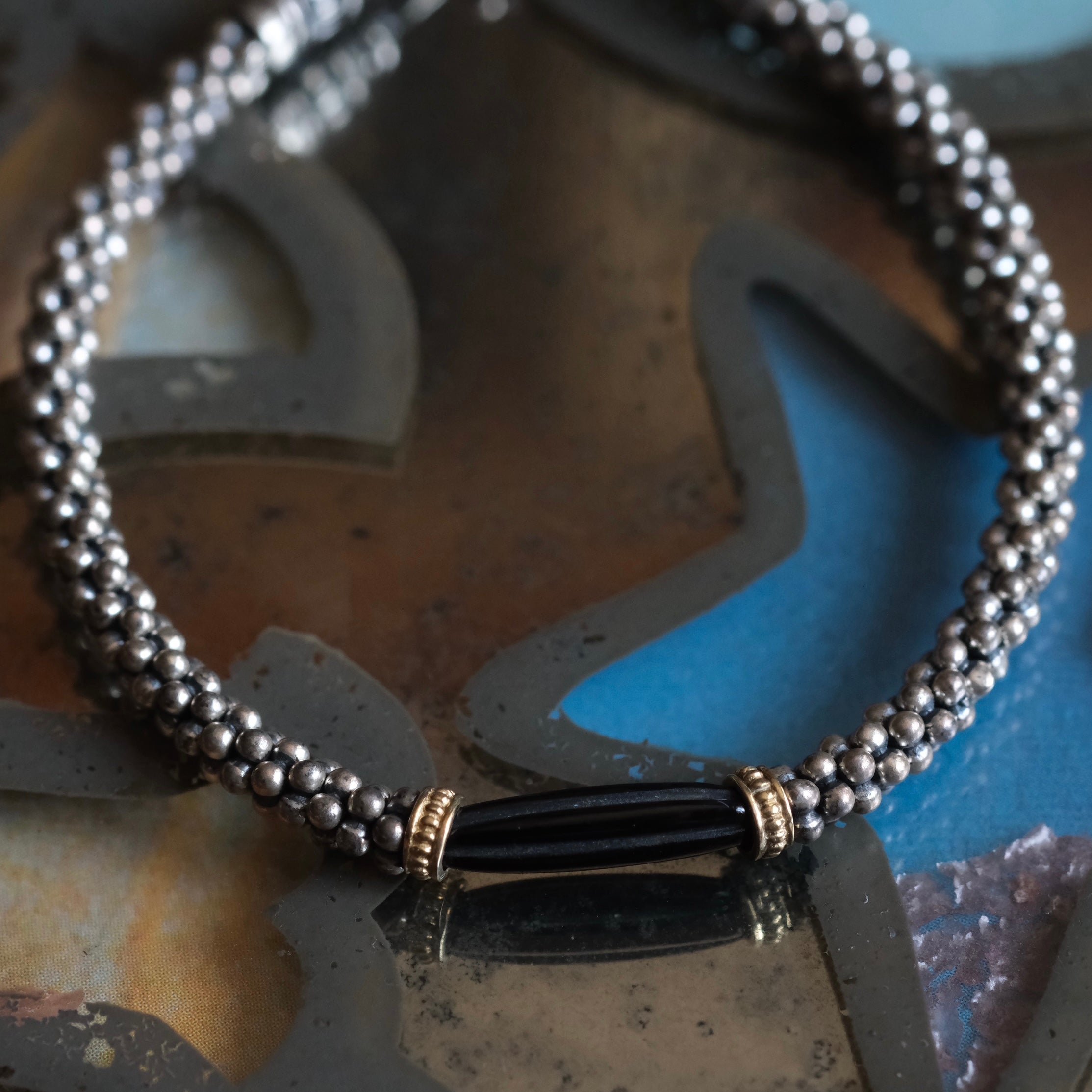 Vintage Sterling Silver Onyx Popcorn Chain Bracelet 7.25"