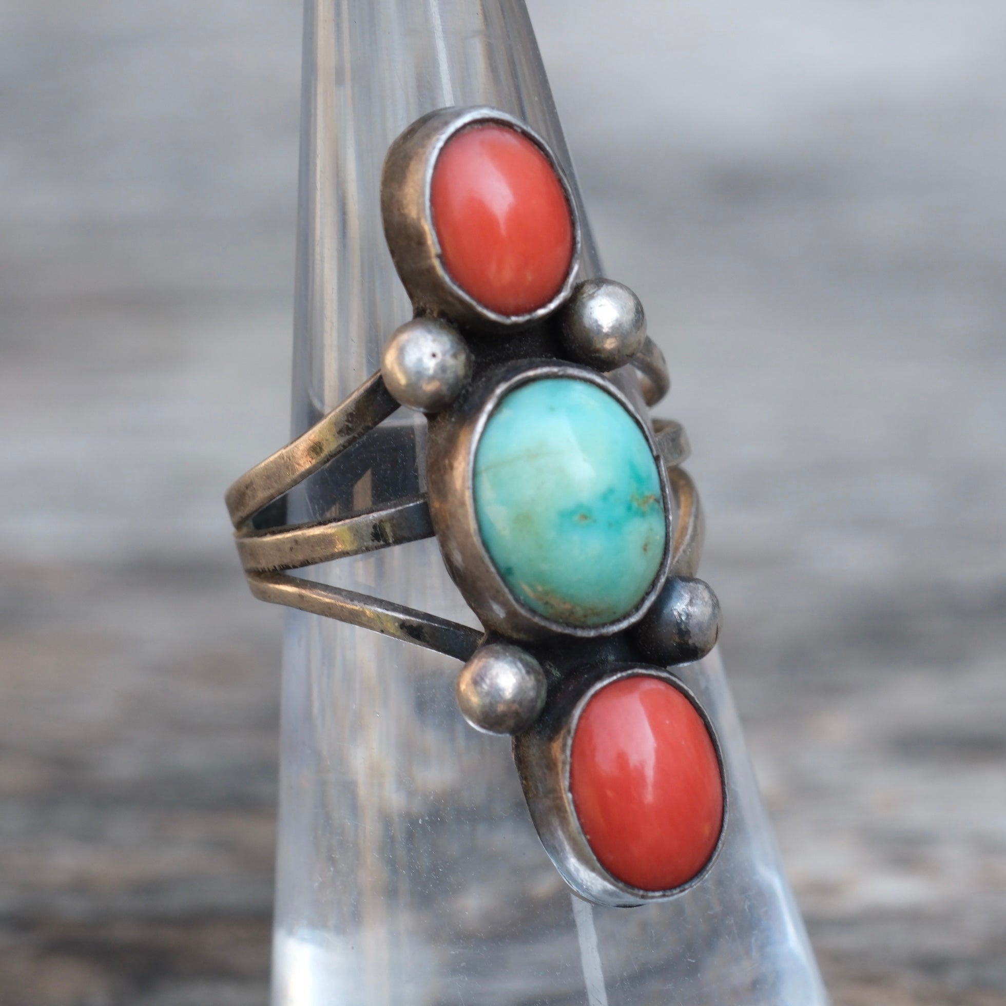 Vintage Sterling Turquoise and Coral Ring 5.5