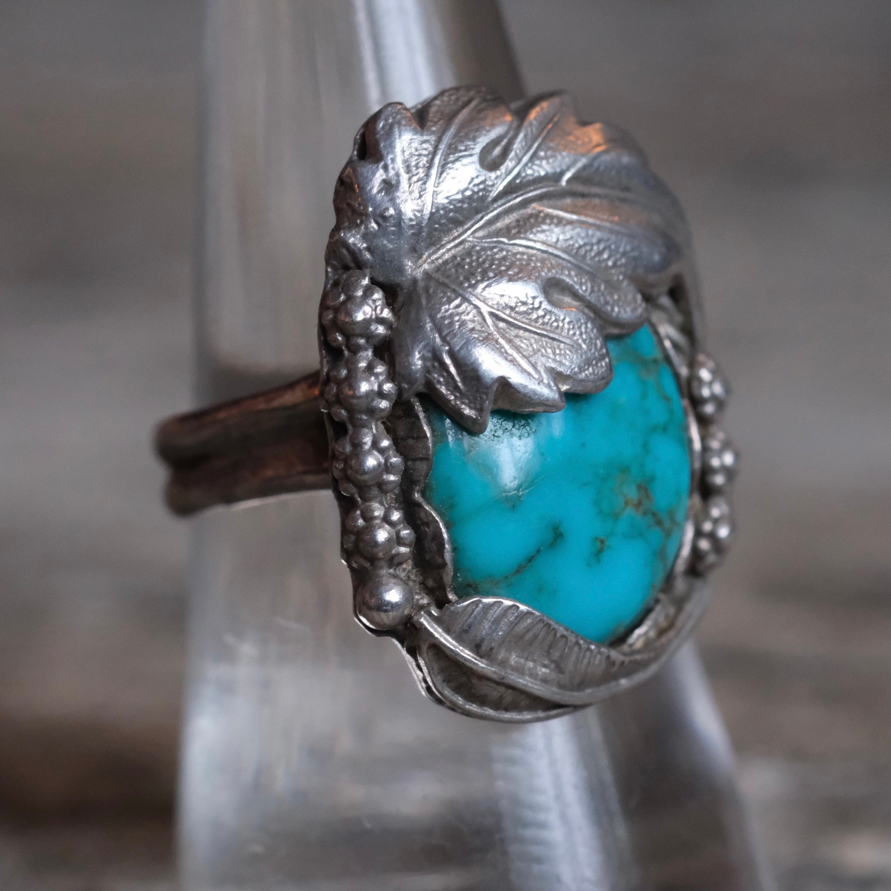 Vintage Sterling Turquoise Leaf and Feather Ring 8