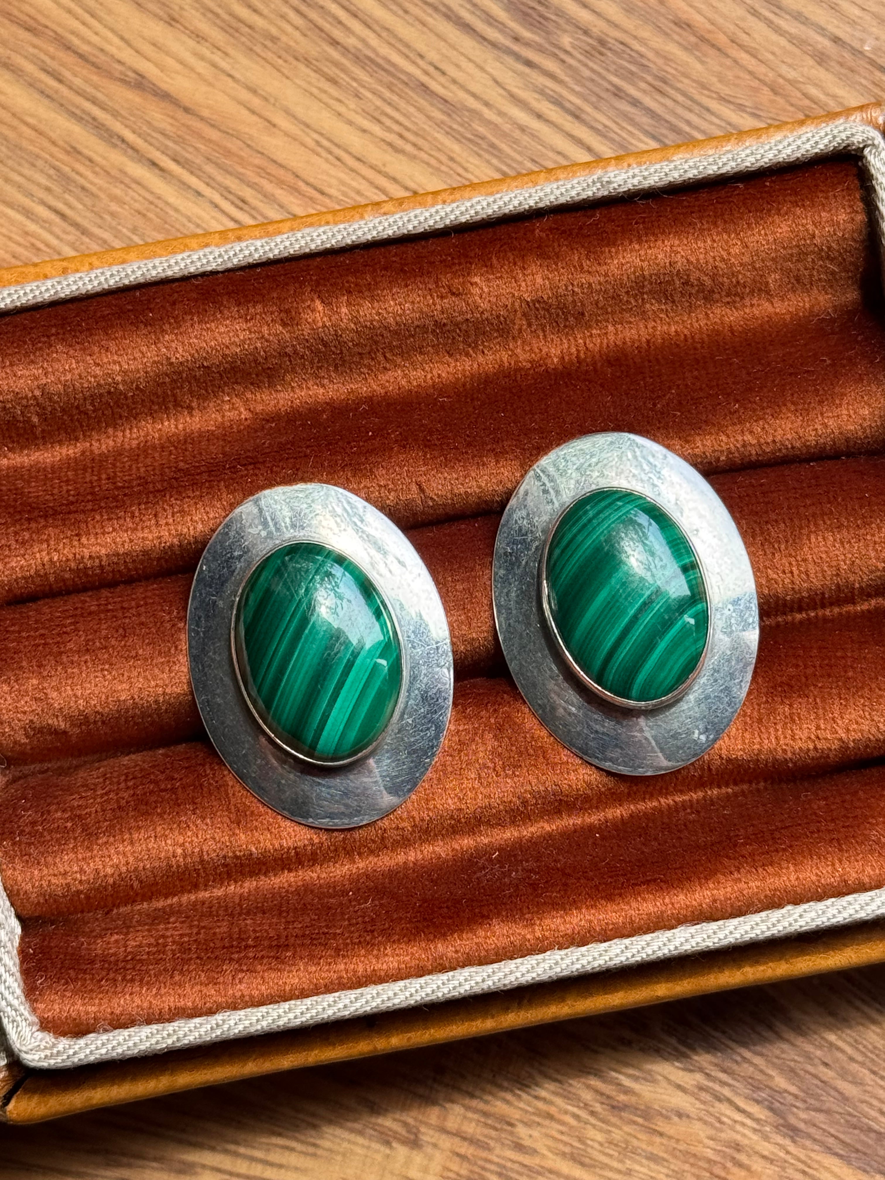 Vintage Sterling Silver Modernist Malachite Earrings