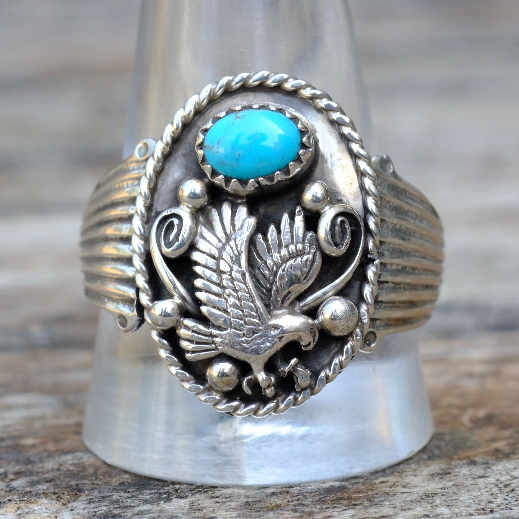 Vintage Sterling Turquoise Eagle Ring 12.5