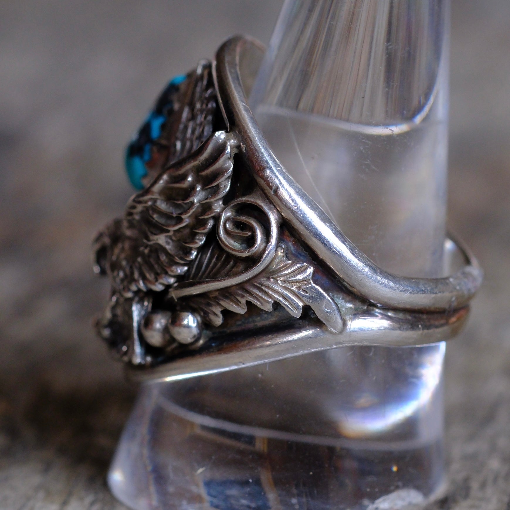 Vintage Sterling Turquoise and Coral Eagle Ring 11
