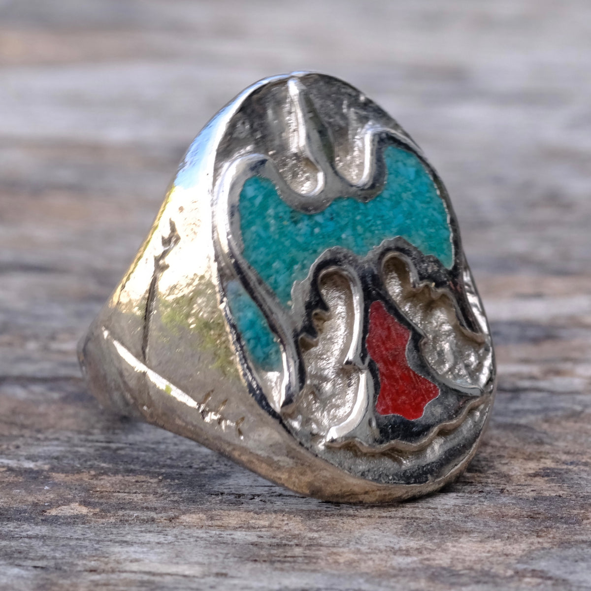 Vintage Sterling Turquoise and Coral Thunderbird Ring 9.25