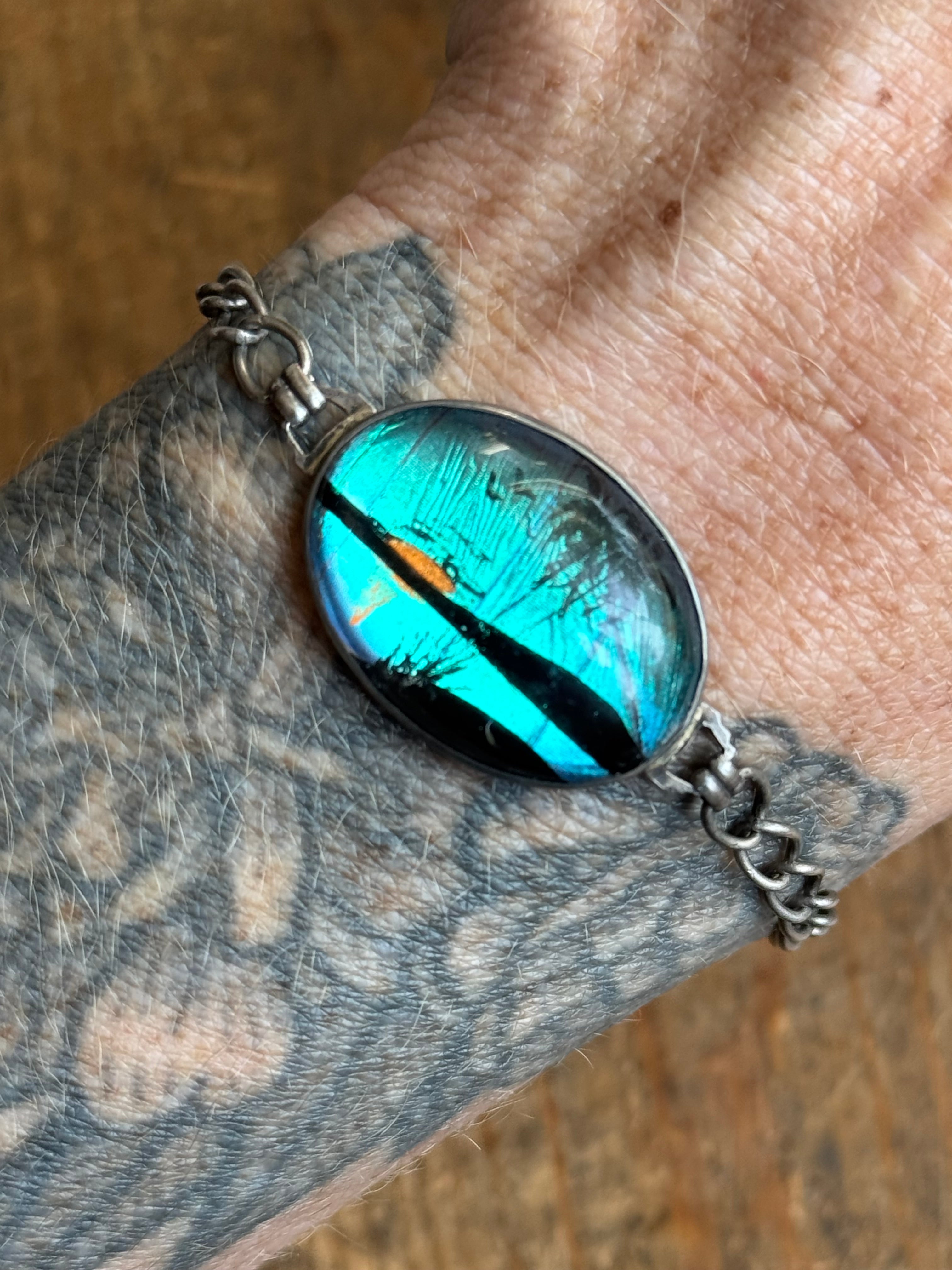 Vintage Sterling Silver 7” Butterfly Wing Palm Tree Bracelet