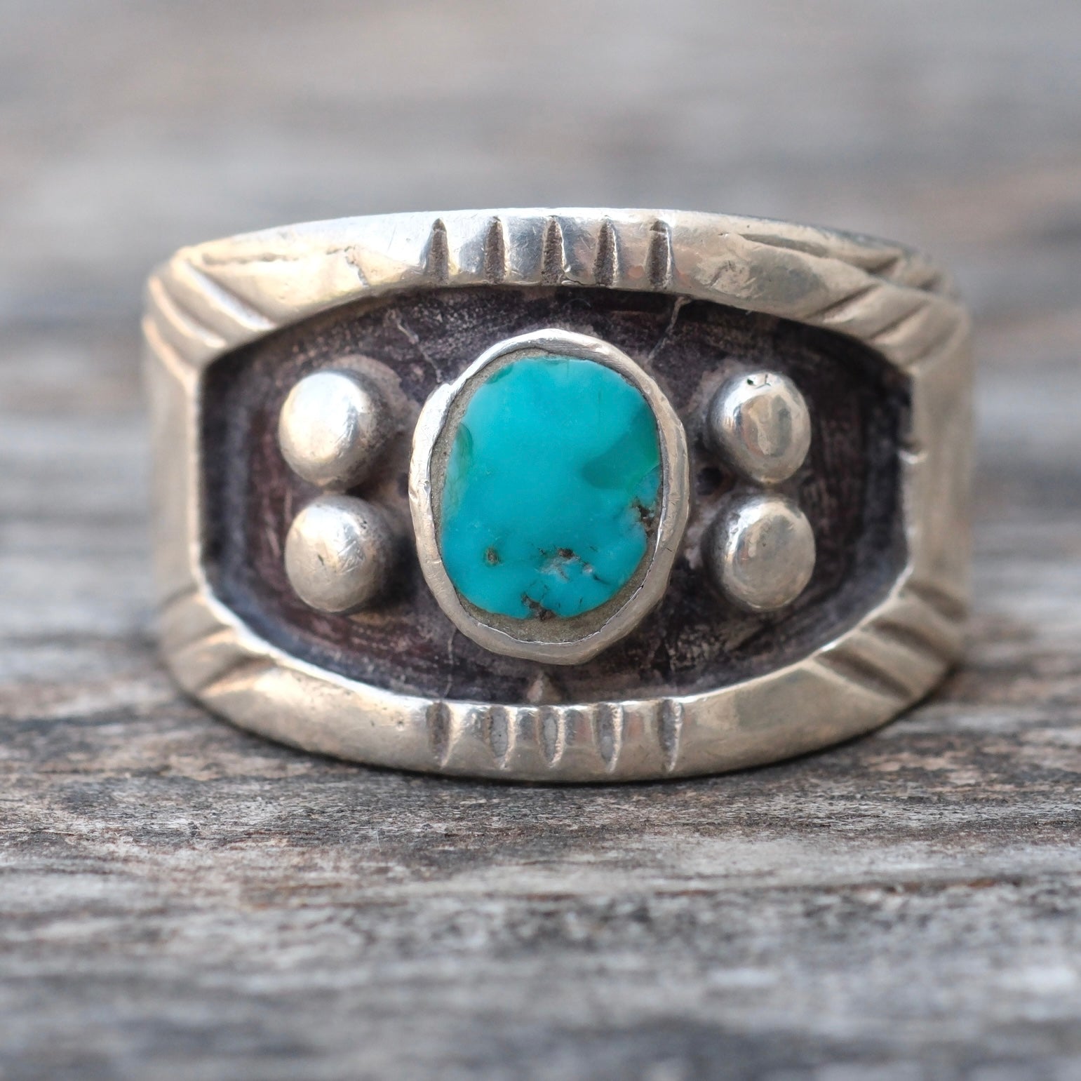 Vintage Sterling Turquoise Wide Band Ring 10.75