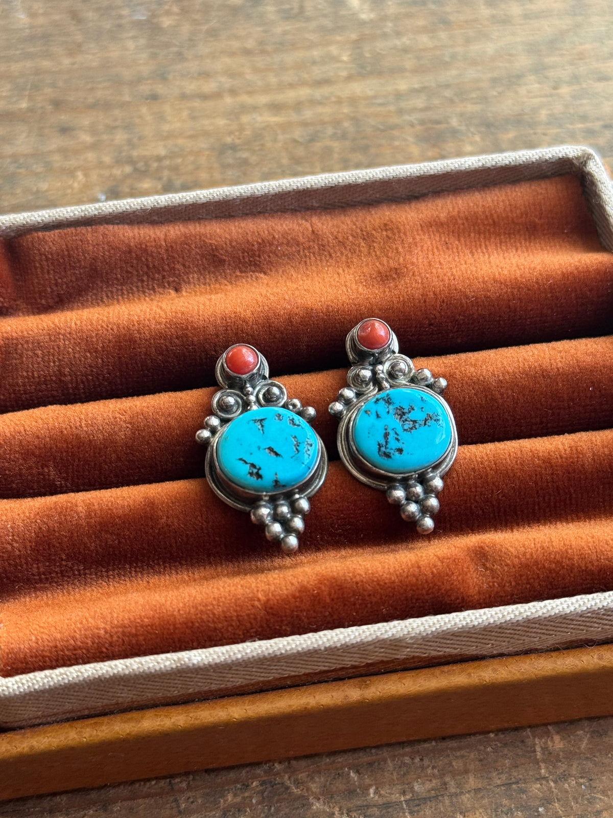 Vintage Sterling Silver Turquoise & Coral Earrings