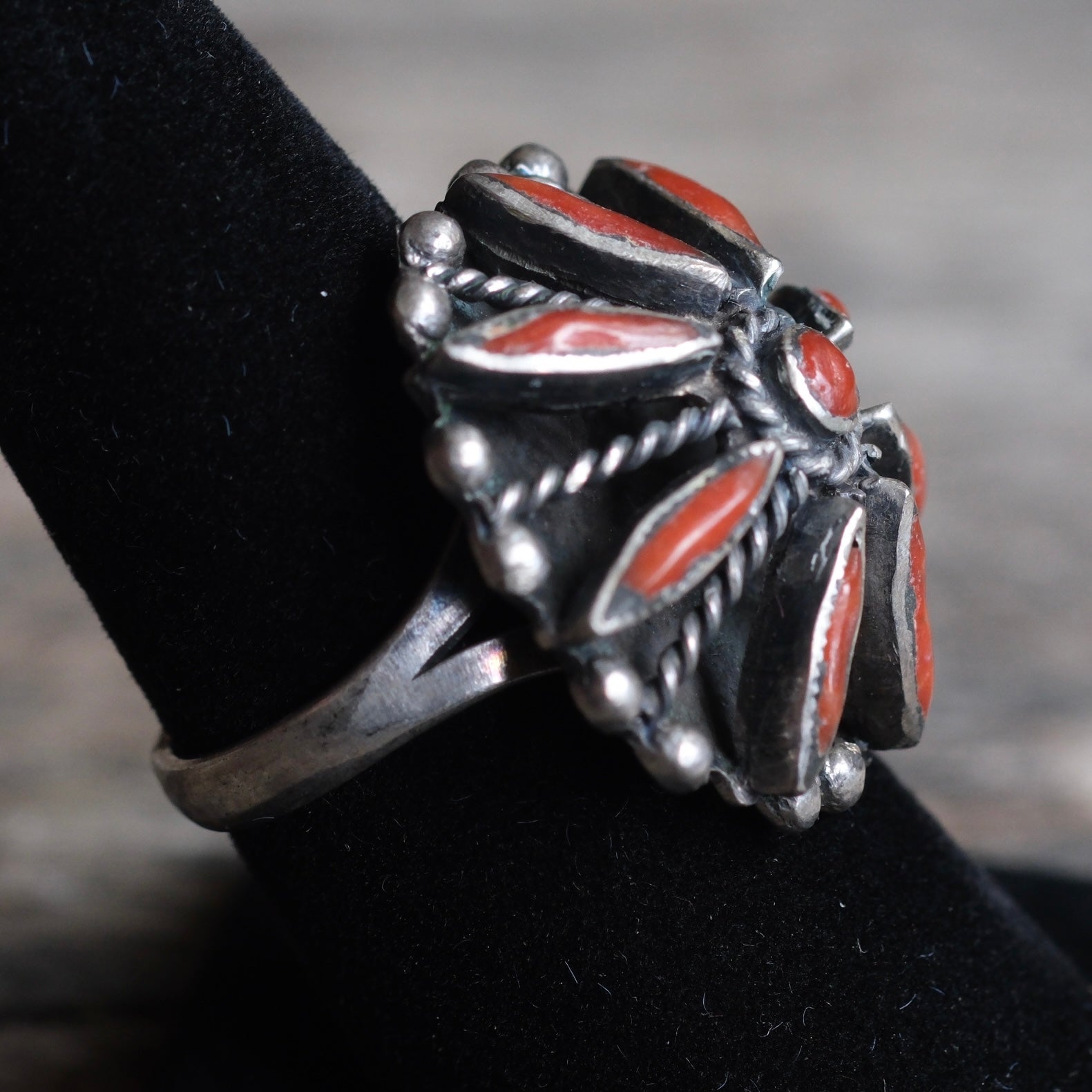 Vintage Sterling Coral Cluster Ring 7.5