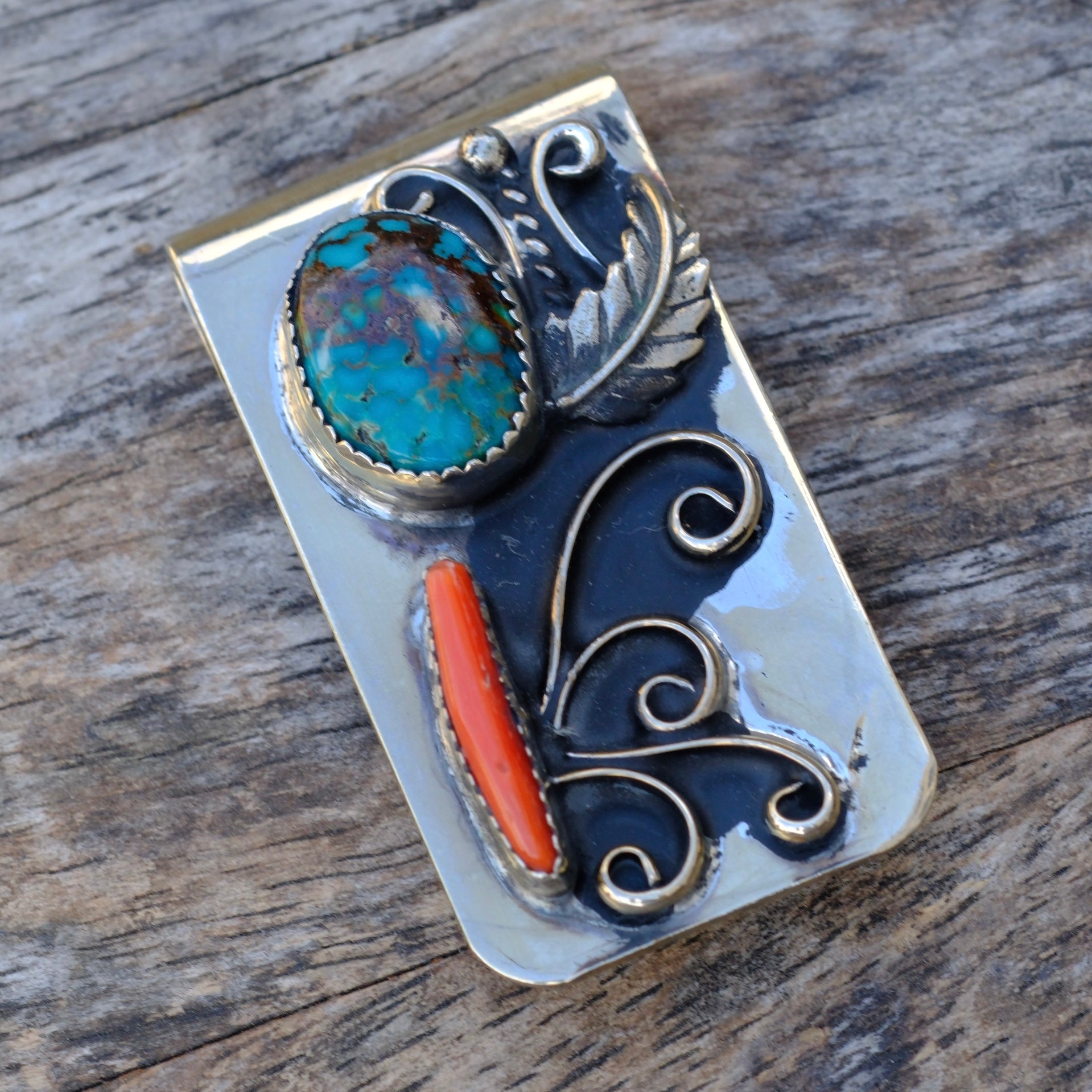 Vintage Turquoise and Coral Feather Money Clip