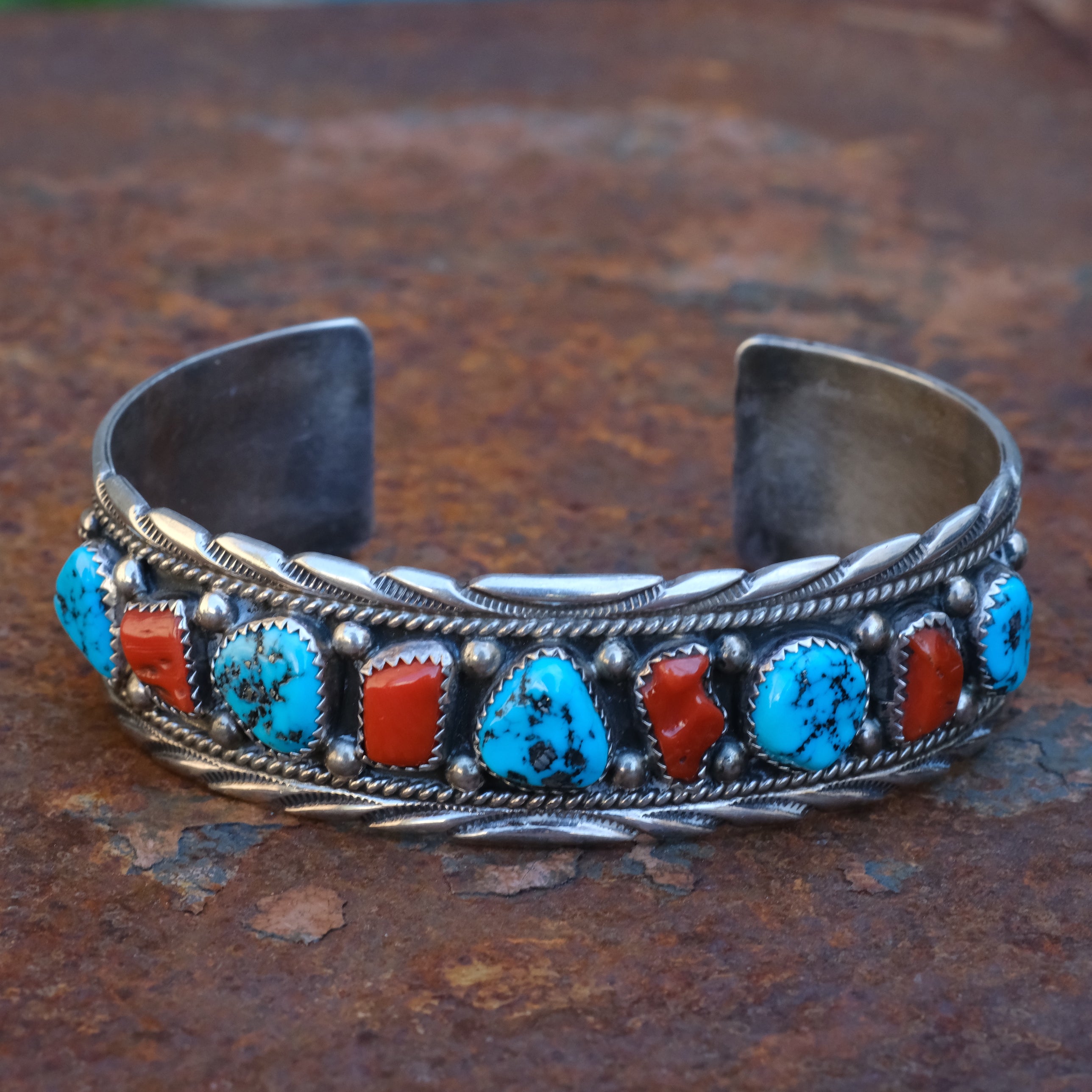 Large Vintage Sterling Turquoise and Coral Cuff Bracelet
