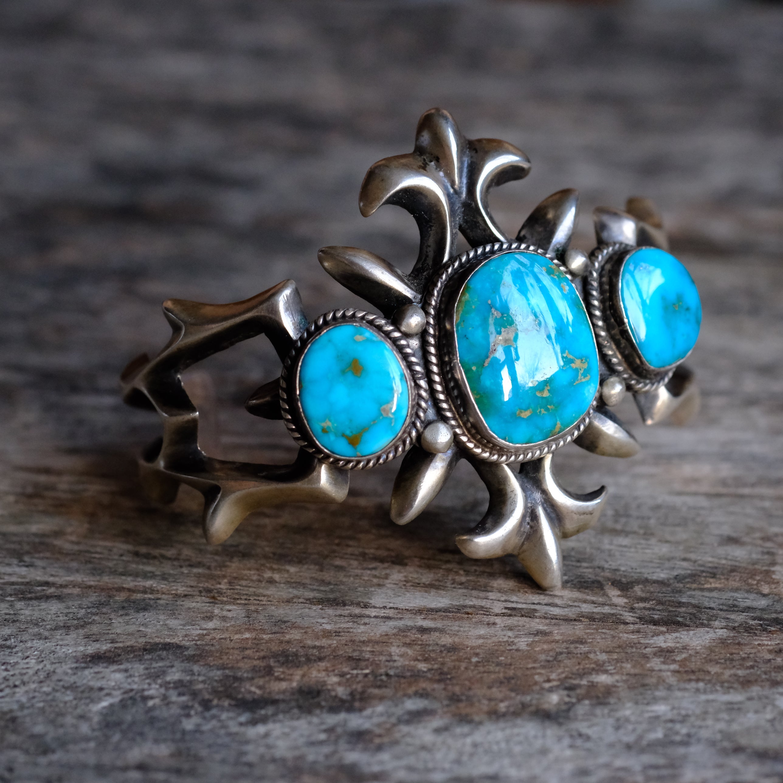 HEAVY Vintage Sterling Blue Gem Turquoise Sandcast Cuff