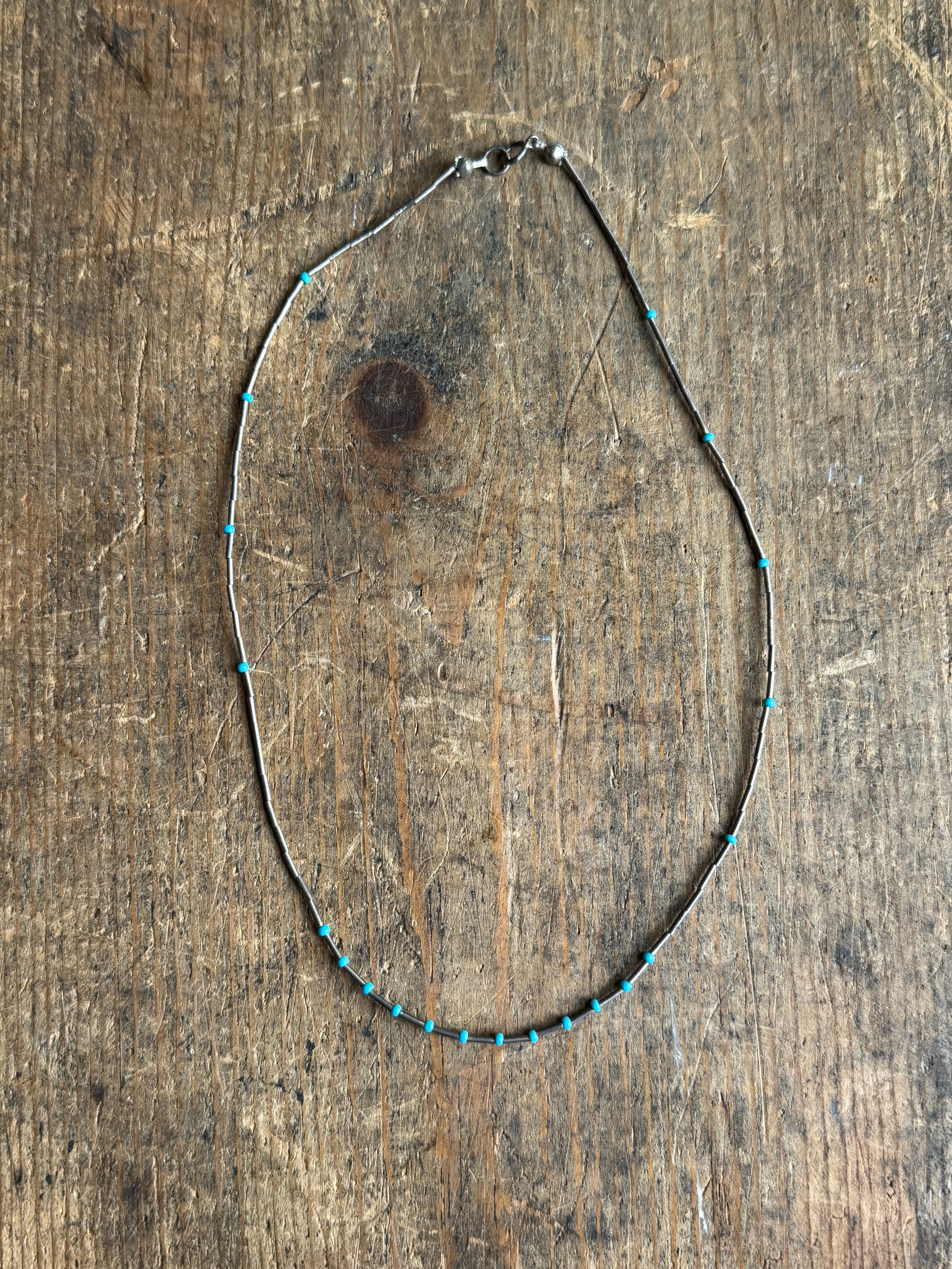 Vintage Sterling Silver 15” Turquoise & Silver Bead Necklace