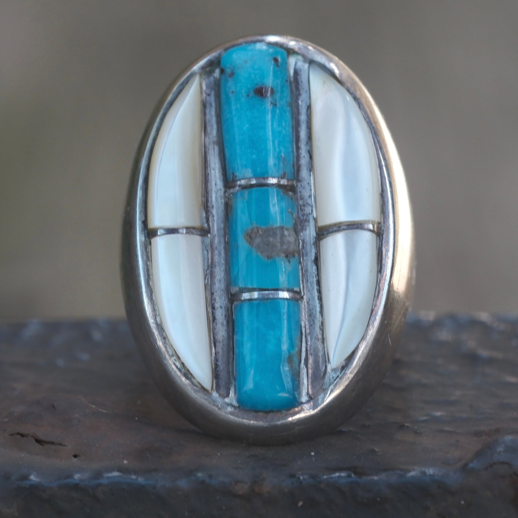 Vintager Sterling Turquoise and Mother Of Pearl Inlay Ring 9