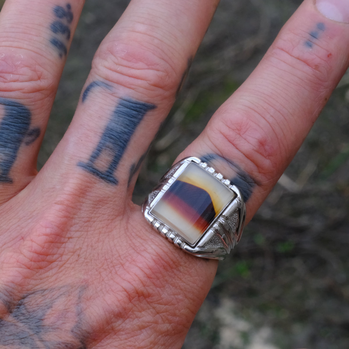 Vintage Sterling Agate Signet Ring 10