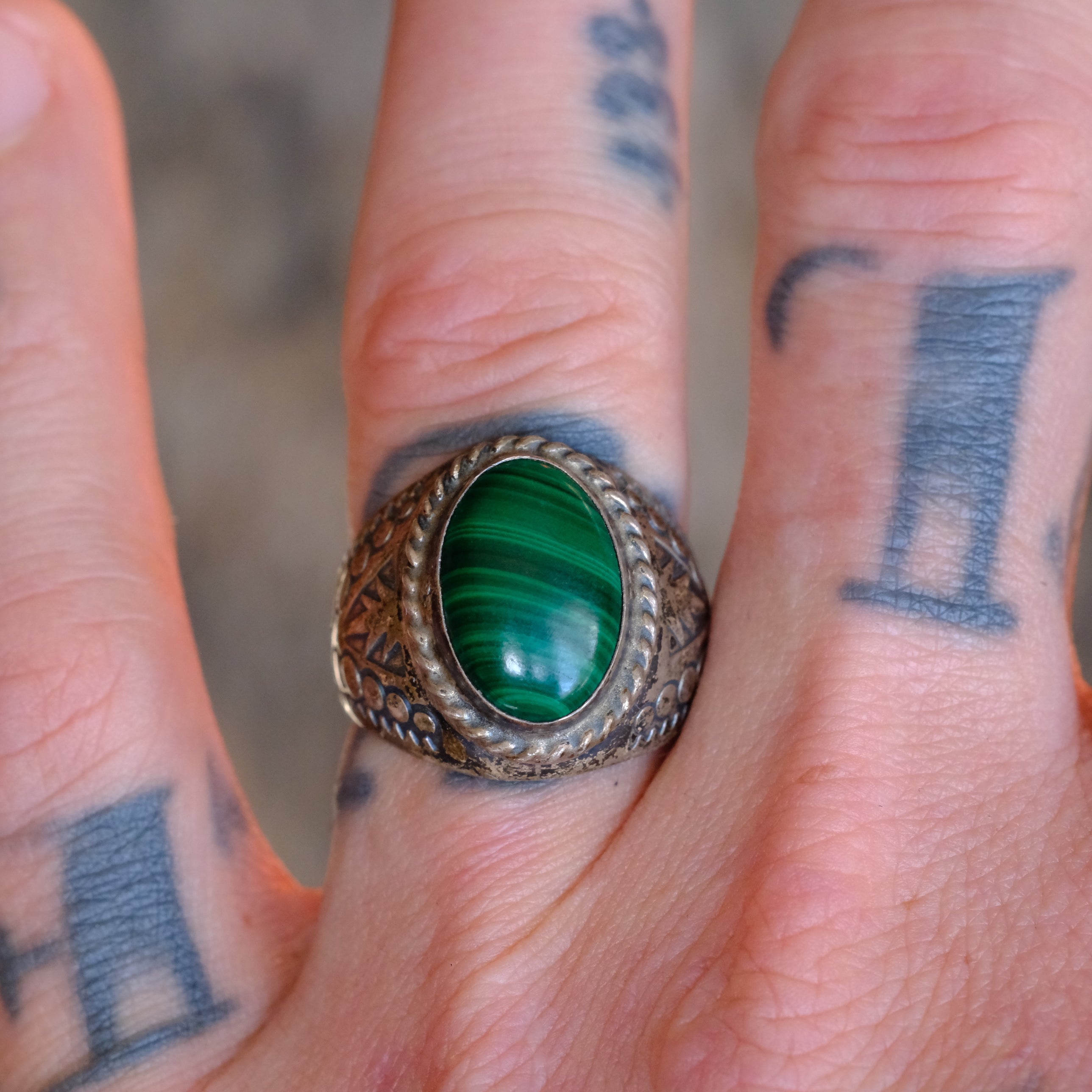 Vintage Sterling Malachite Stamped Band Ring 9