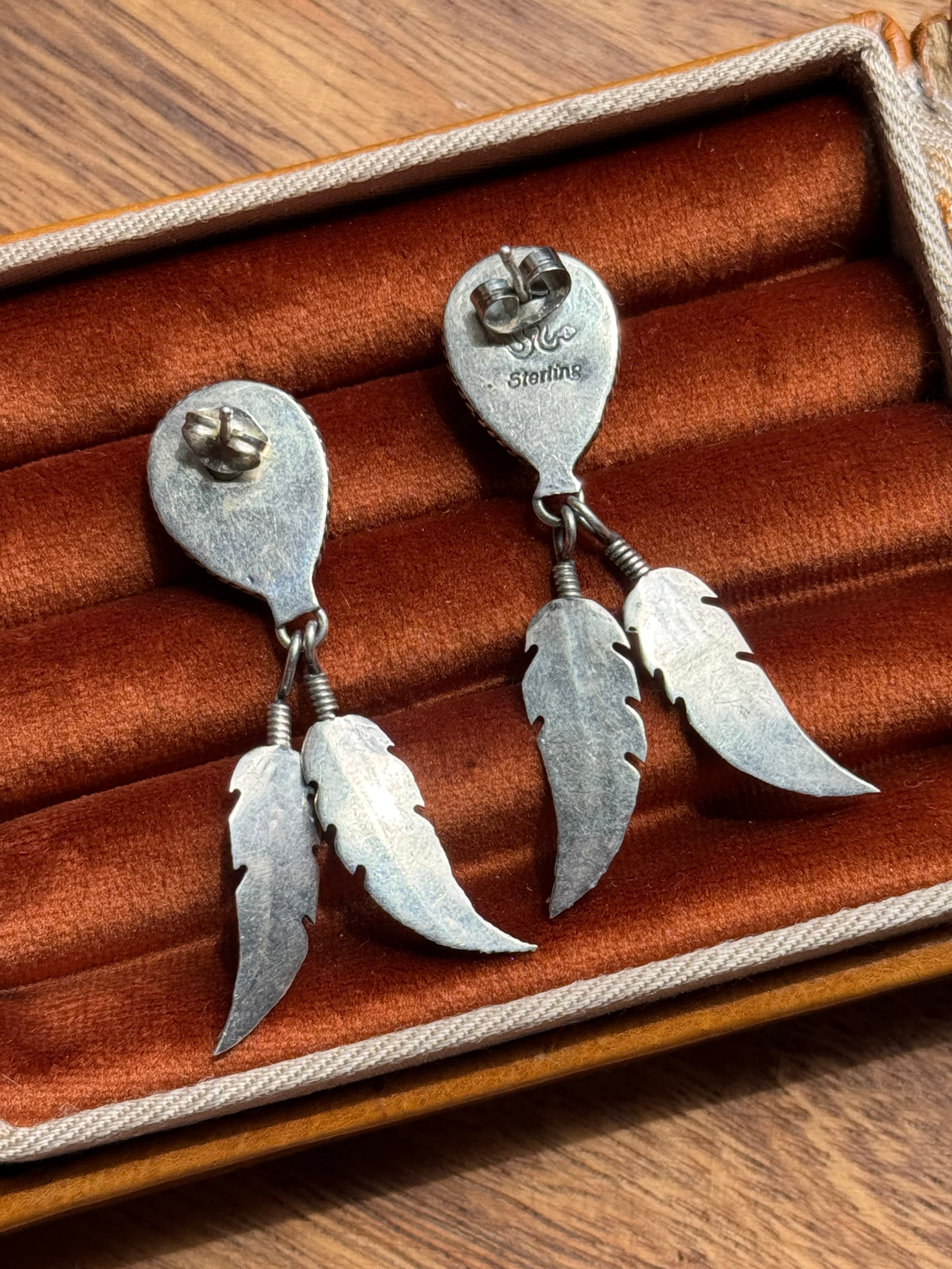 Vintage Sterling Silver Lapis Lazuli Teardrop Feather Earrings