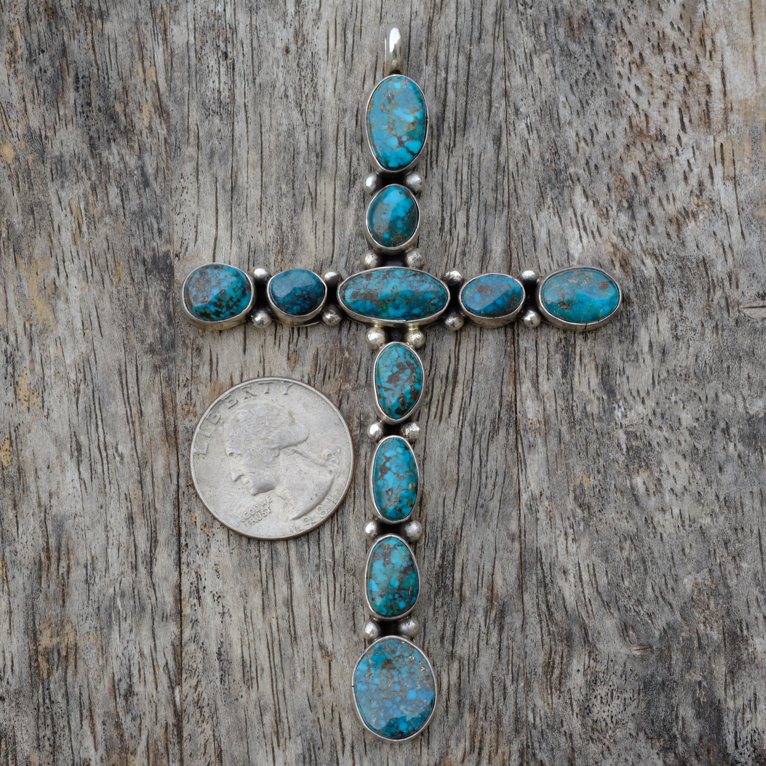 HUGE Vintage Sterling Turquoise Cluster Cross Pendant