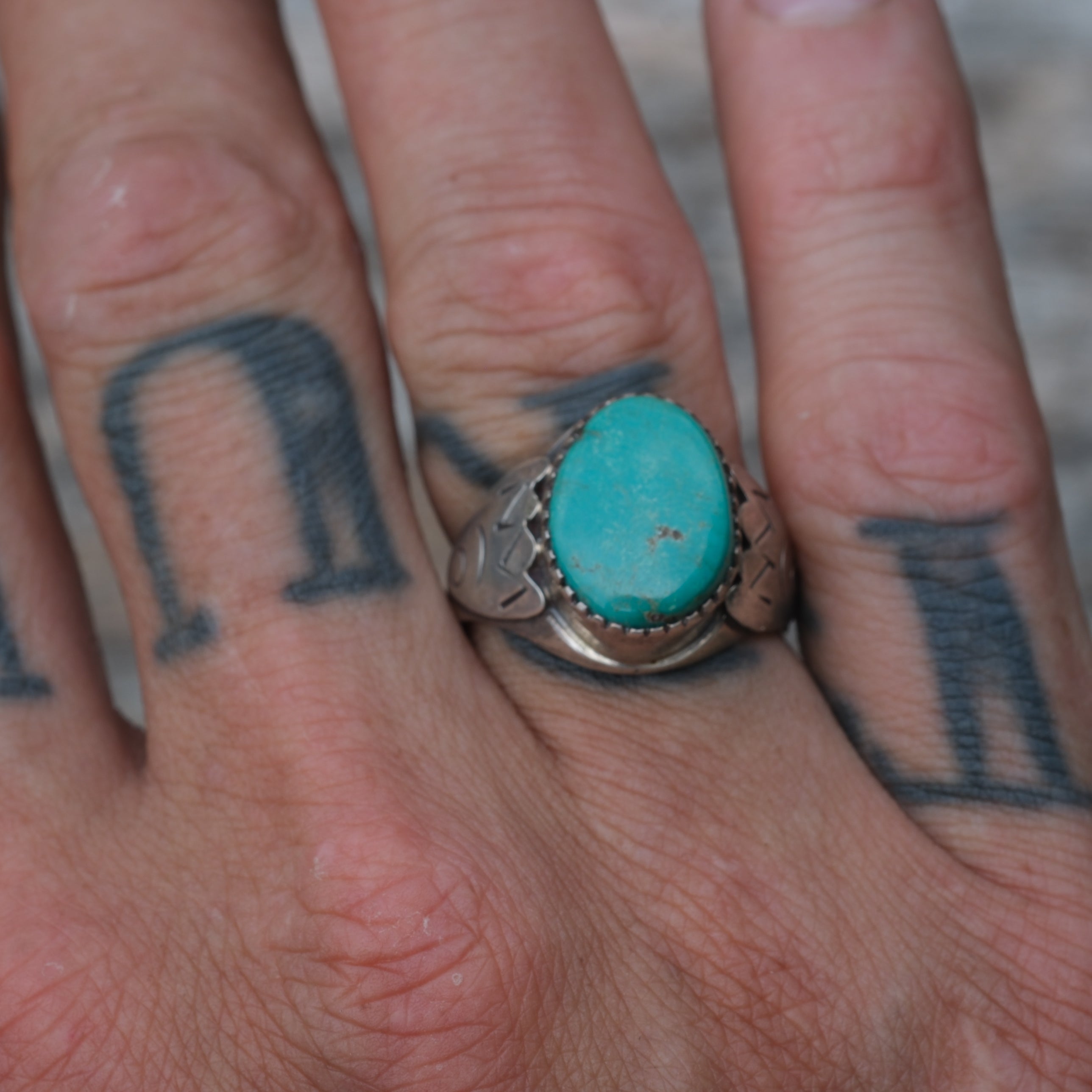Vintage Sterling Turquoise Stamped Band Ring 9.75