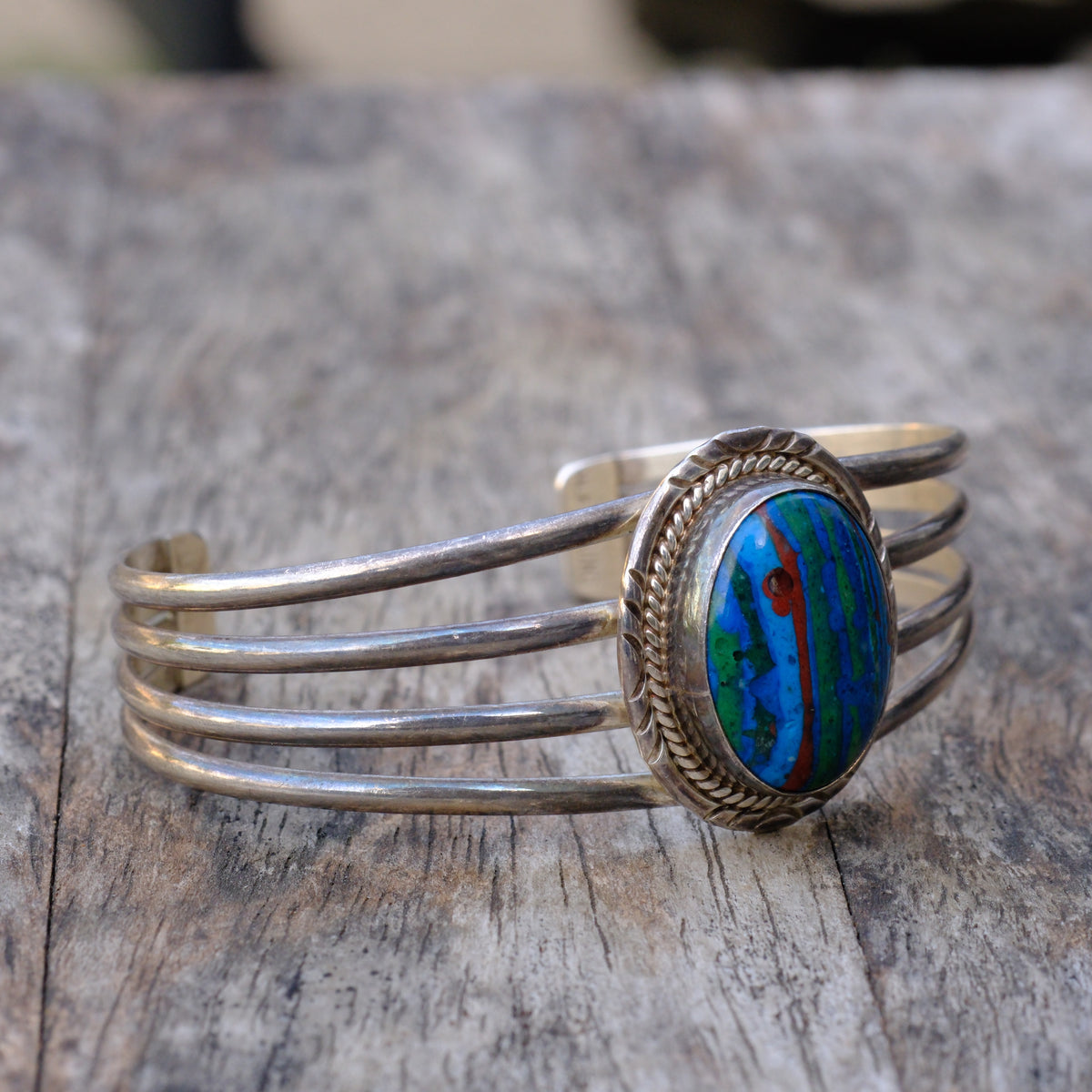 Vintage Sterling Rainbow Calsillica Cuff Bracelet