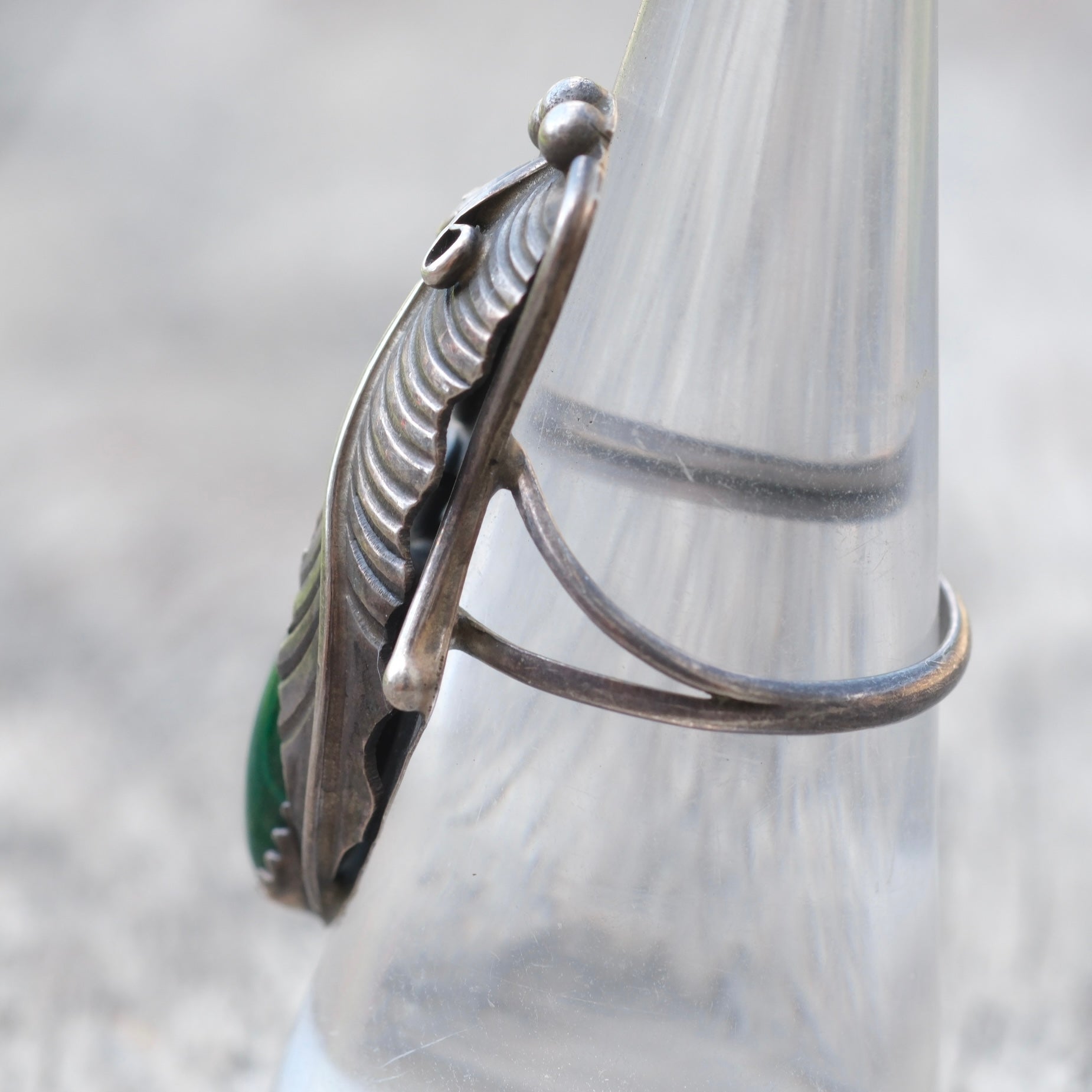 Vintage Sterling Malachite Feather Ring 7.5