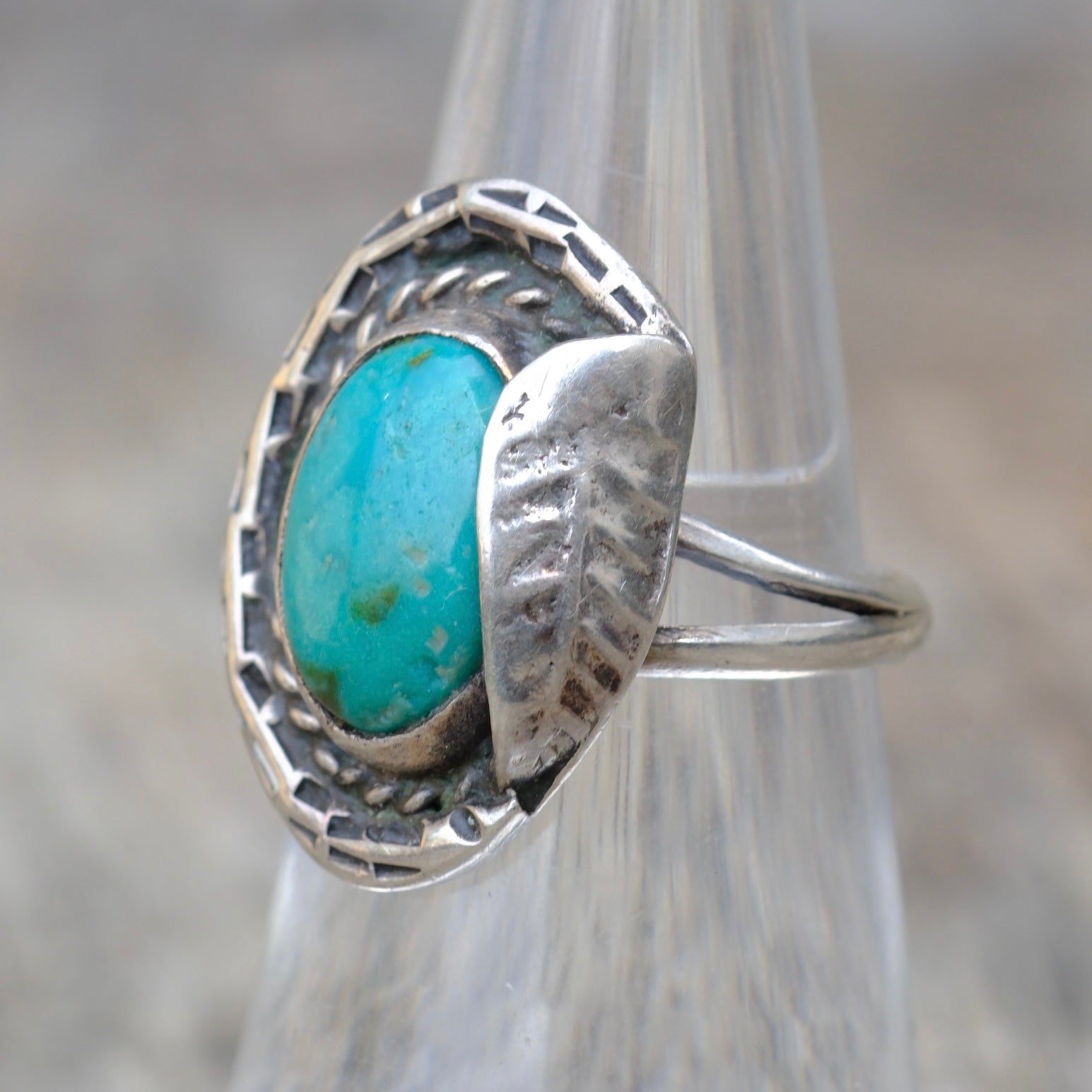 Vintage Sterling Turquoise Feather Ring 5.75