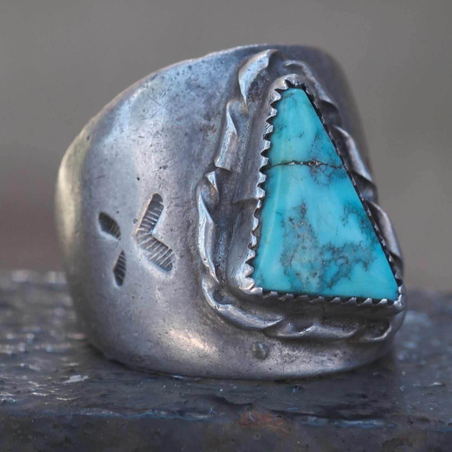 Vintage Sterling Turquoise Stamped Band Cigar Band Ring 11.25