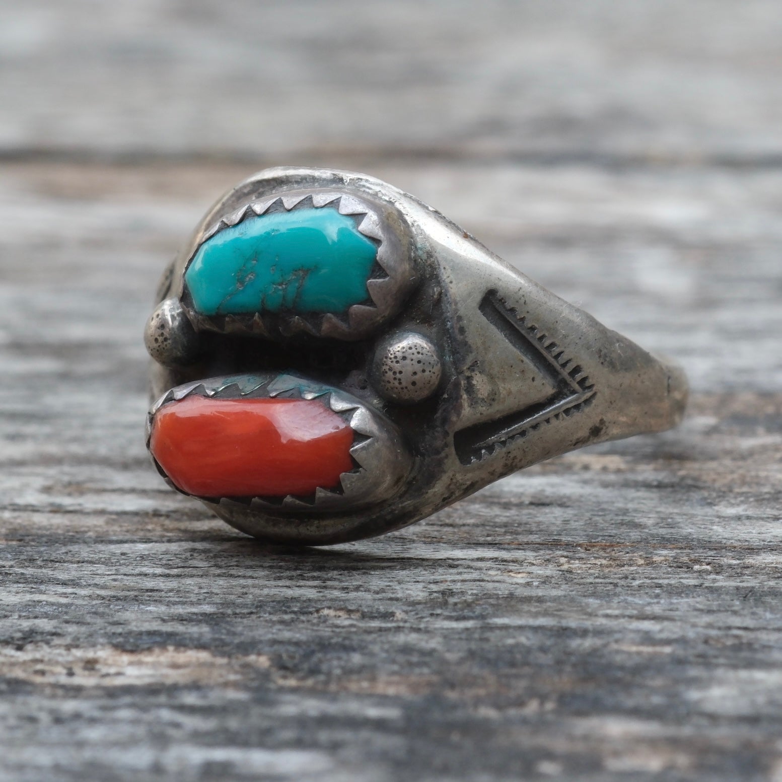 Vintage Sterling Turquoise and Coral Ring 6.25