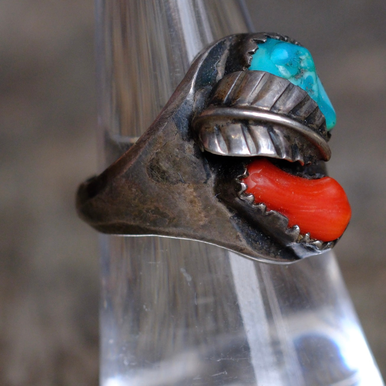 Vintage Sterling Turquoise and Coral Feather Ring 6