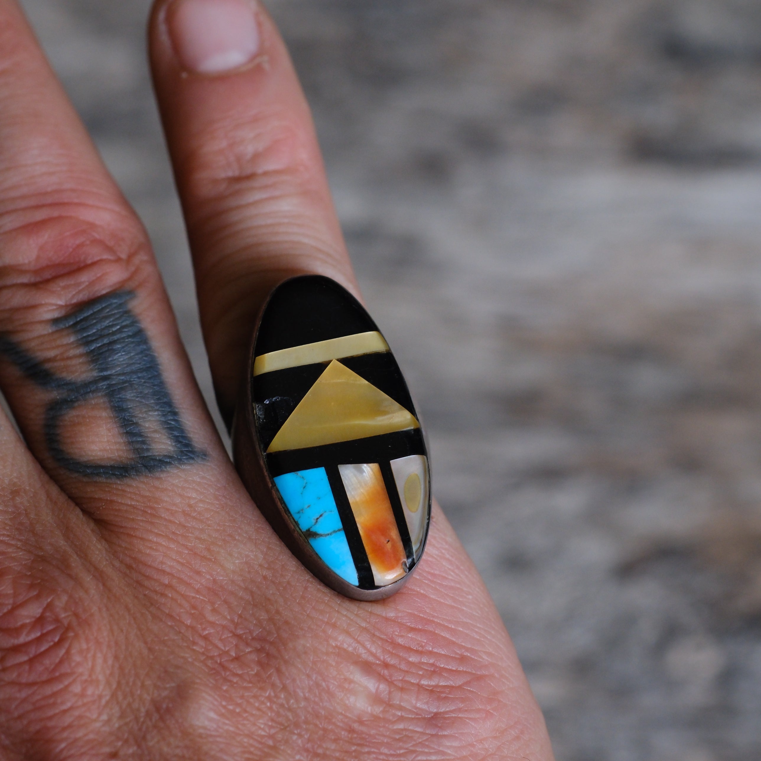 Vintage Sterling Multistone Inlay Ring 7