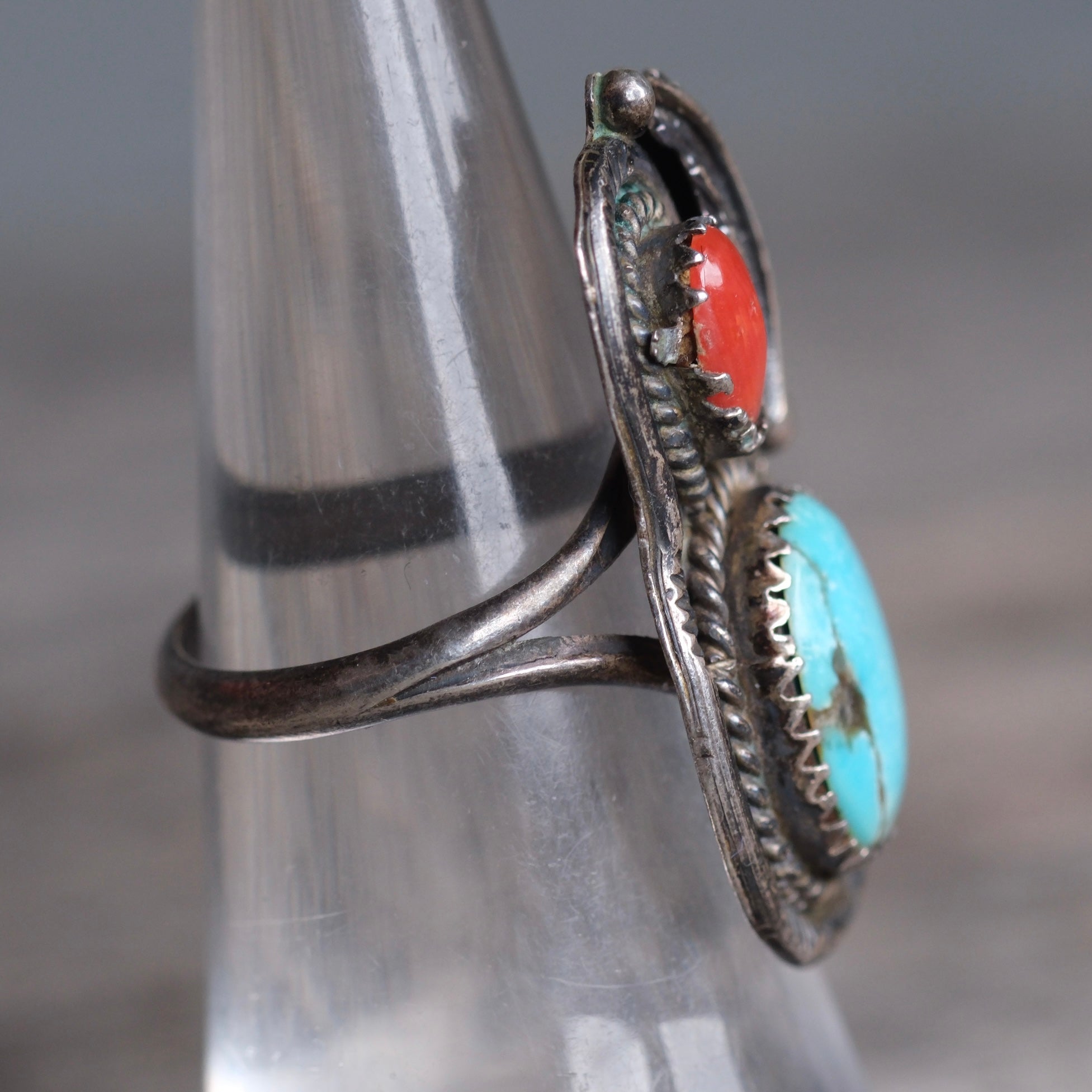 Vintage Sterling Turquoise And Coral Feather Ring 6.5