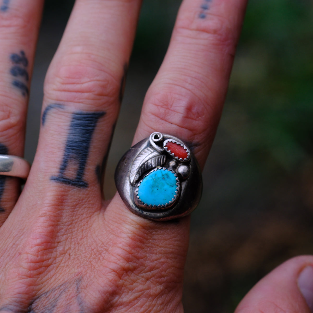 Vintage Sterling Turquoise and Coral Feather Ring 10.5