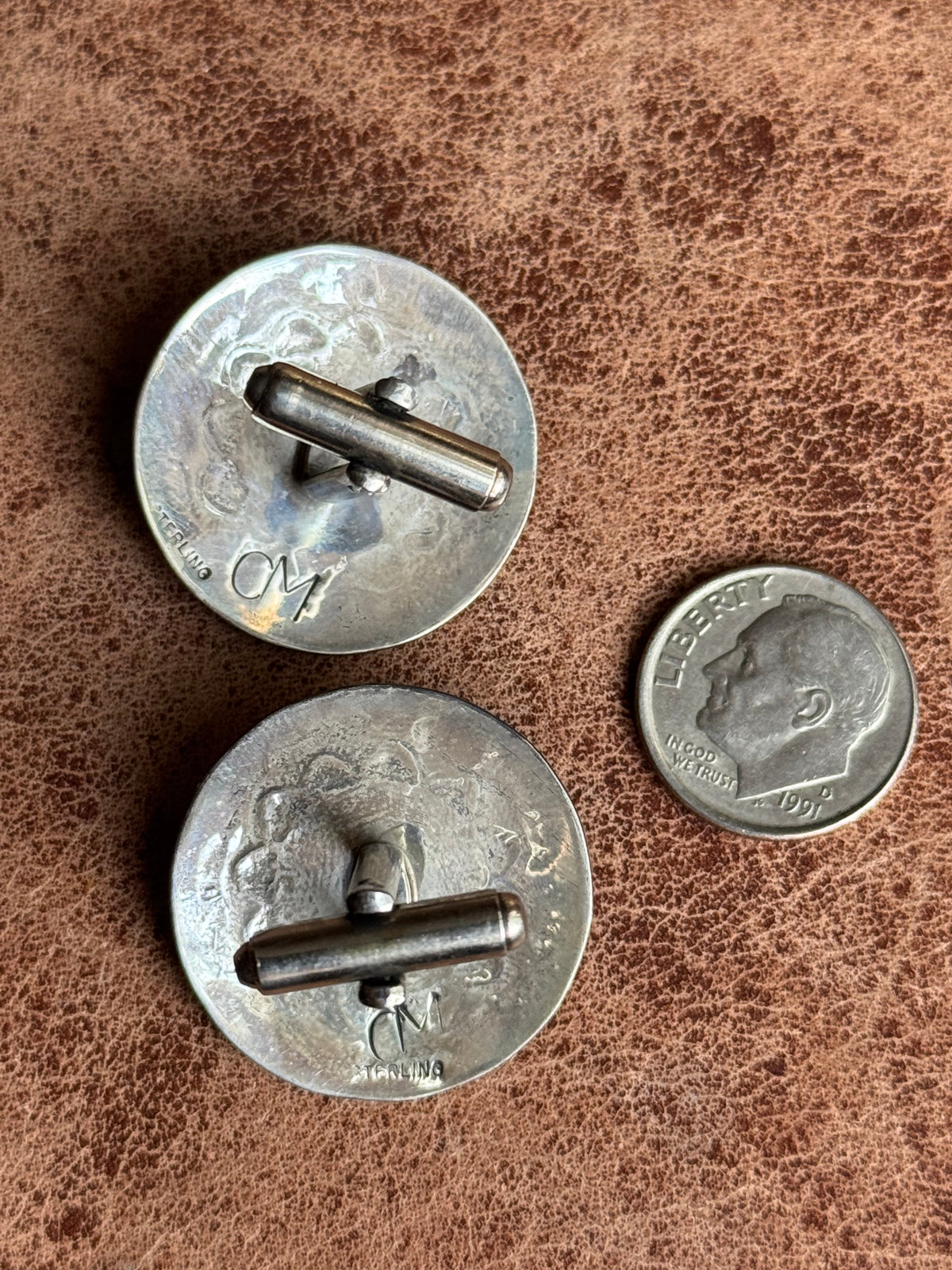 Vintage Sterling Silver Stamped Turquoise Concho Cufflinks