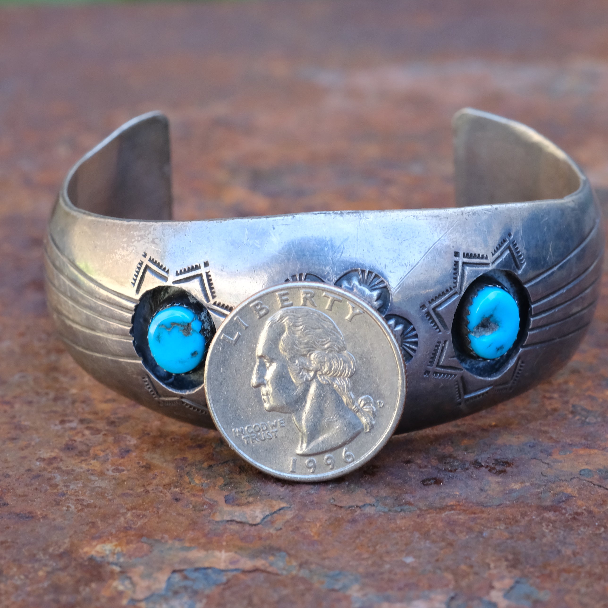 Vintage Sterling 3-Stone Turquoise Shadowbox Cuff Bracelet